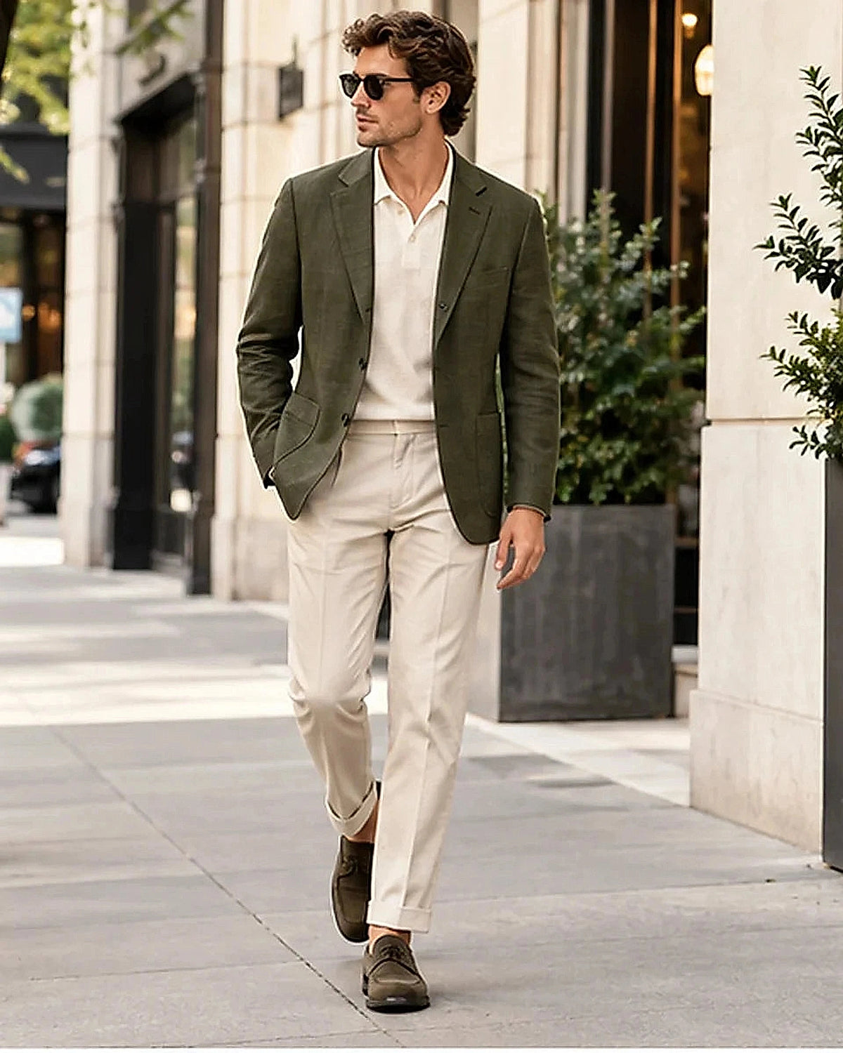 DFCOLOR::Olive::Olive Unstructured Linen-Look Cotton Blazer on-body styling