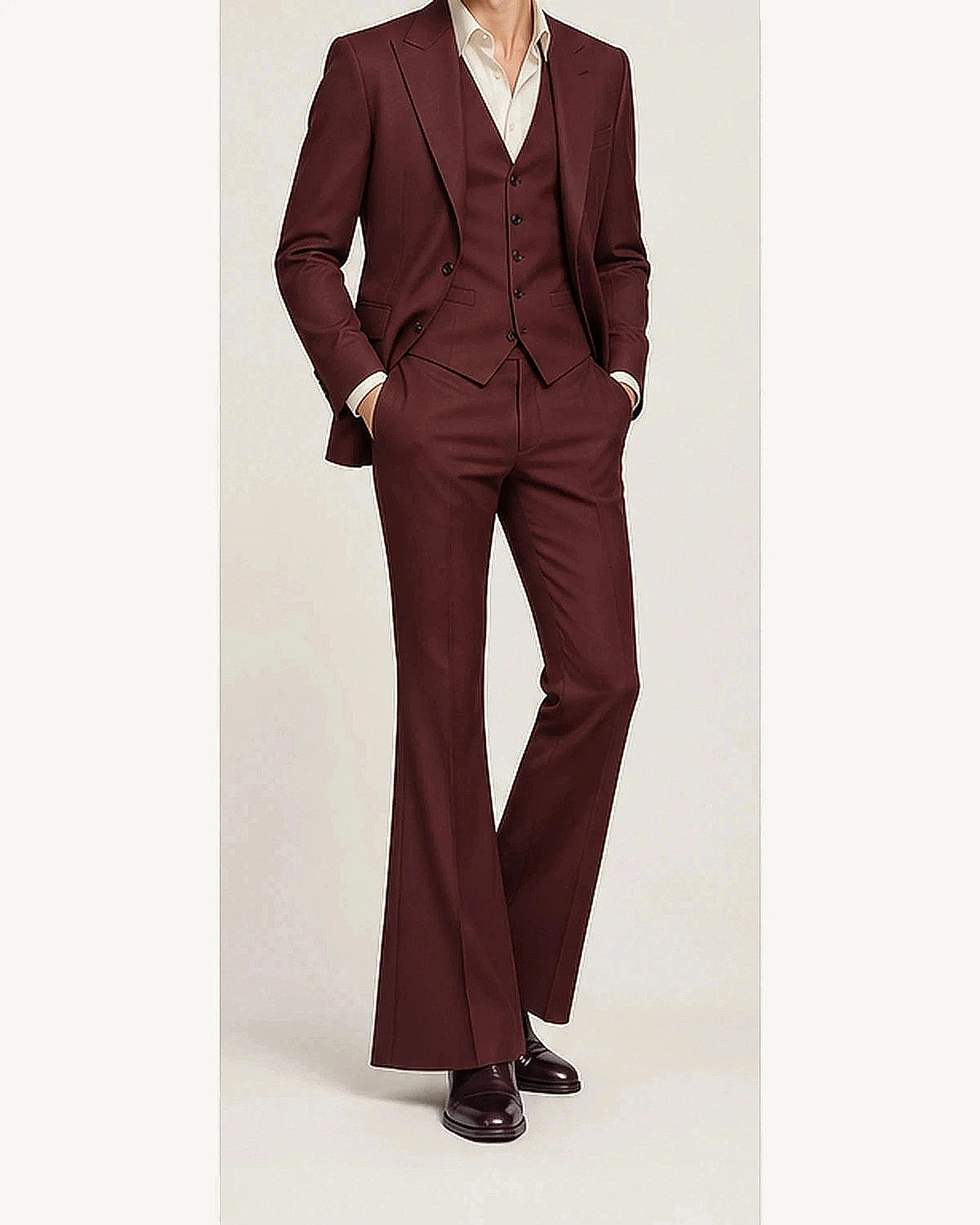 DFCOLOR::Burgundy::onbody — Retro 70s Three-Piece Flare Suit