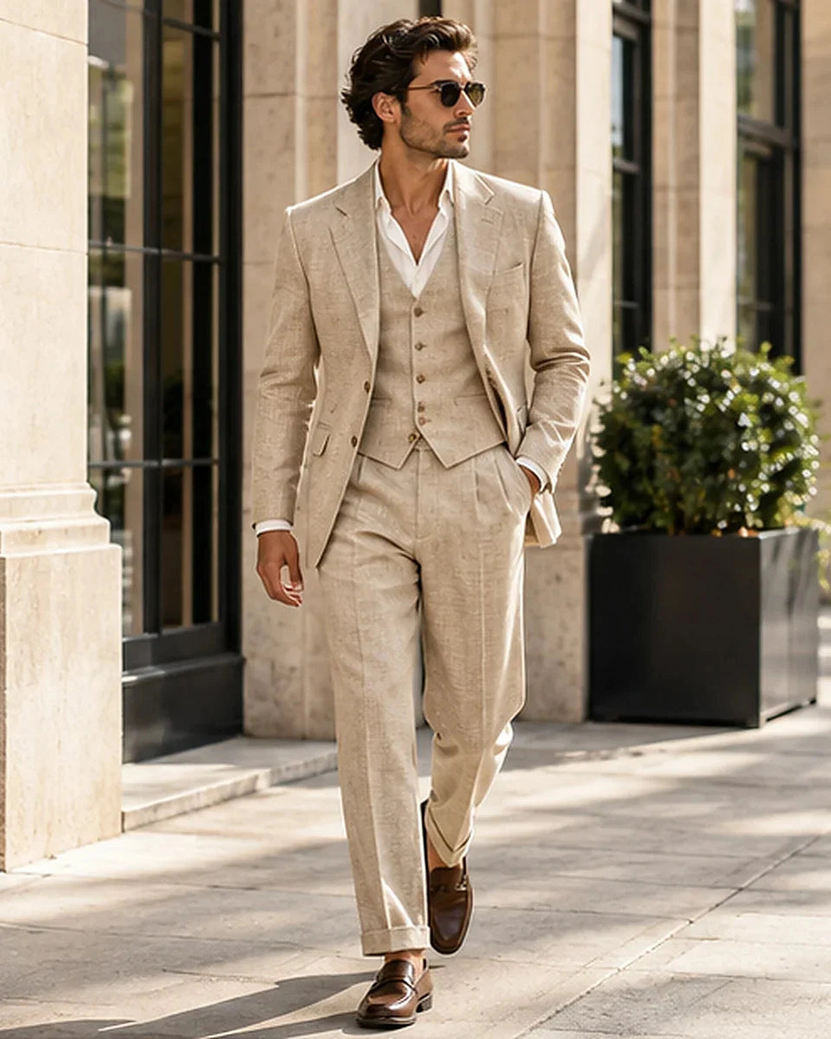 DFCOLOR::Sand::Sand Linen-Look Cotton Three-Piece Suit on-body styling