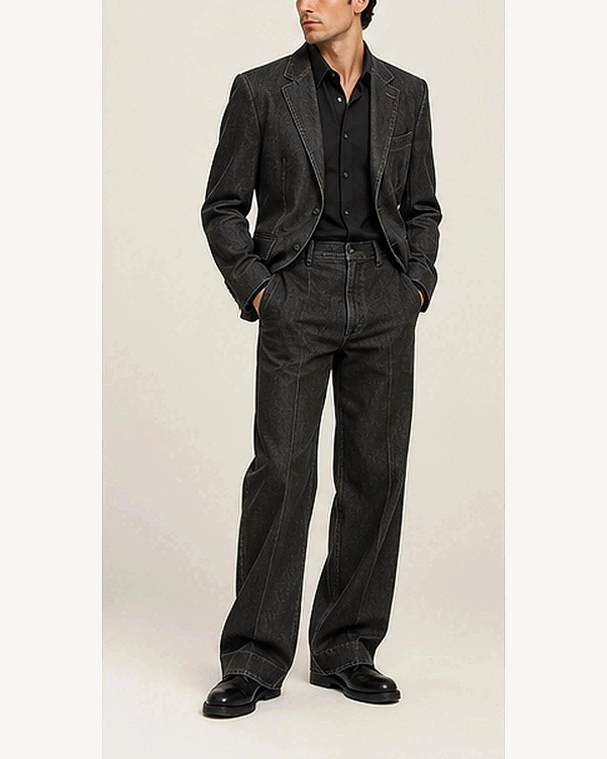 DFCOLOR::Washed Black::onbody — Raw Indigo Denim-Look Two-Piece Suit