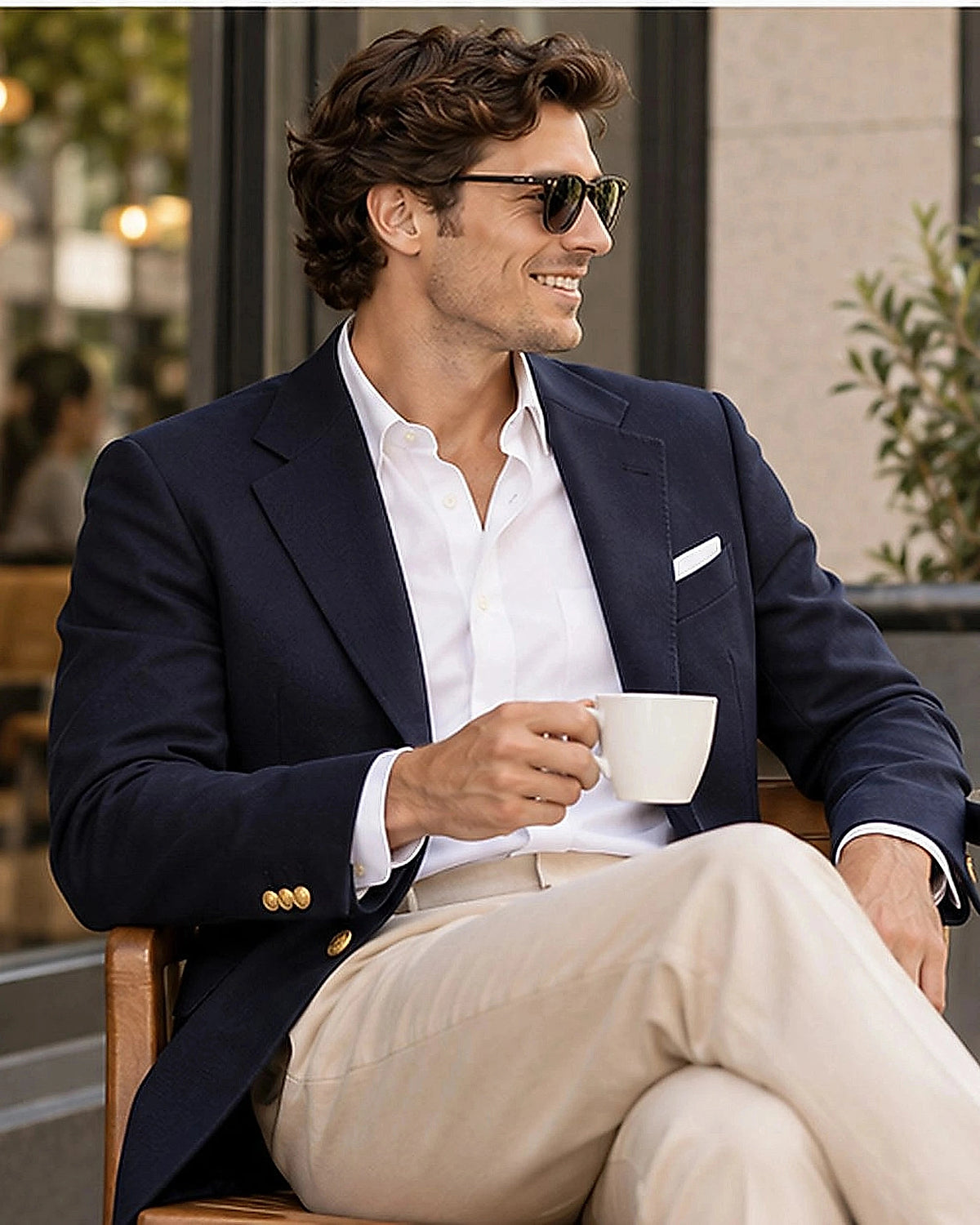 DFCOLOR::Navy::Navy polyester serge blazer with gold buttons in modern cafe lifestyle
