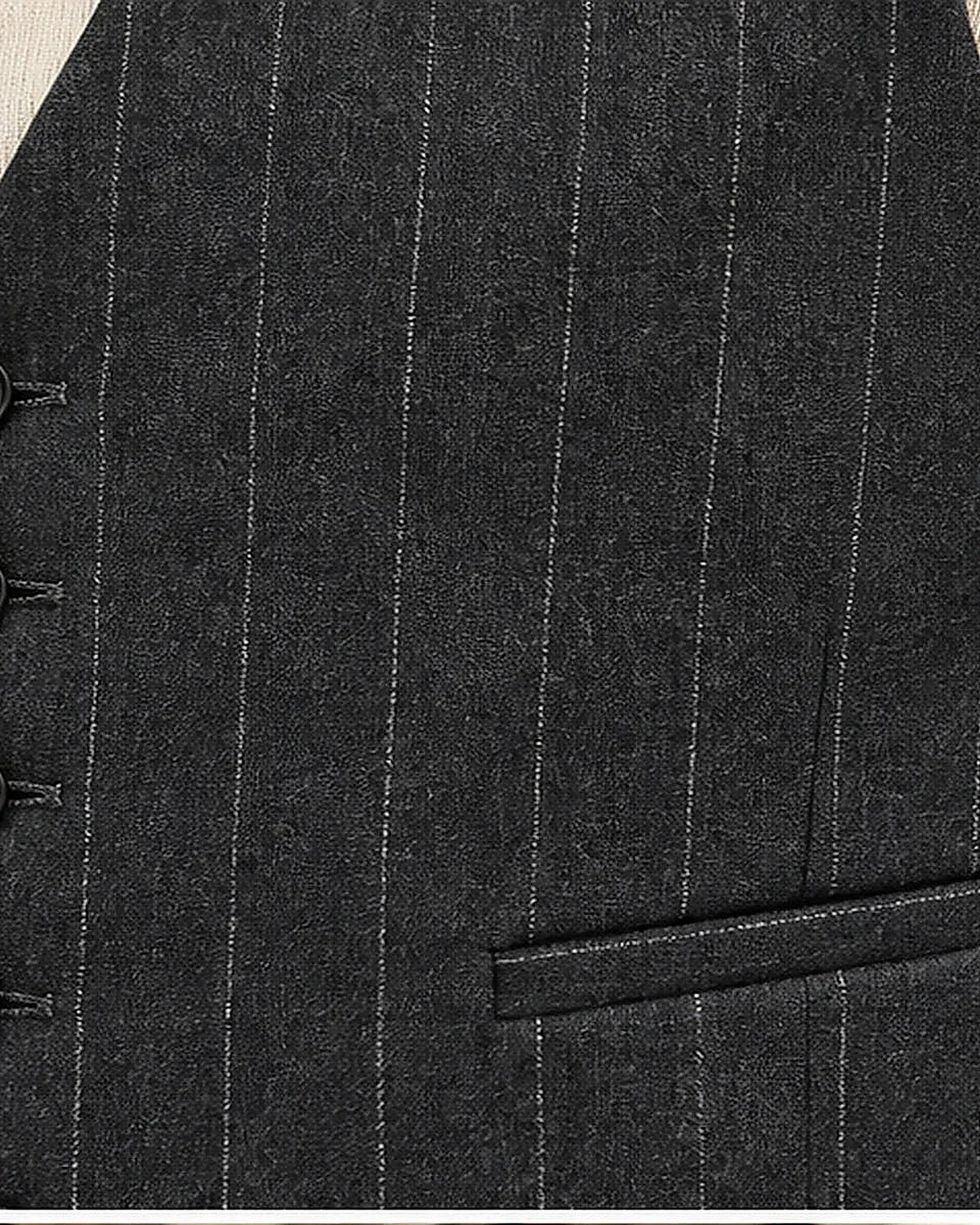 DFCOLOR::Charcoal::Charcoal Longline Pinstripe Waistcoat fabric and tailoring detail