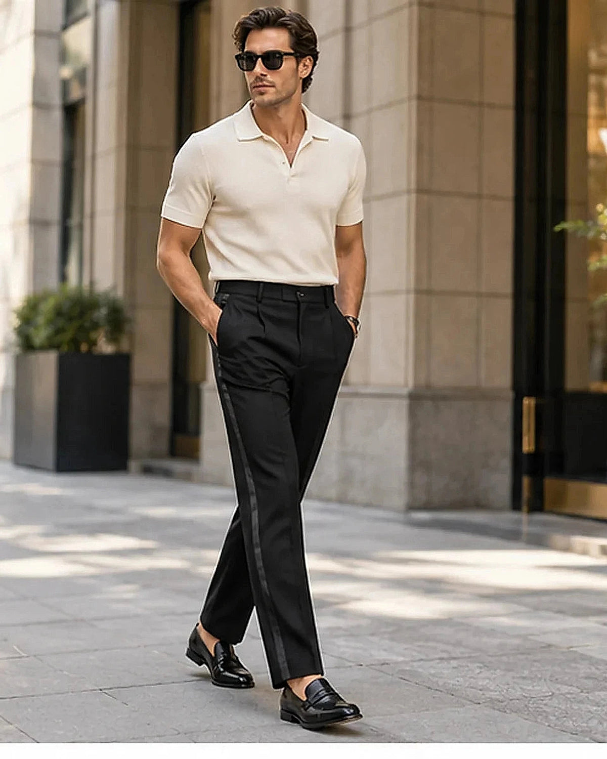 DFCOLOR::Black::Black Satin Side-Stripe Tailored Trousers on-body styling
