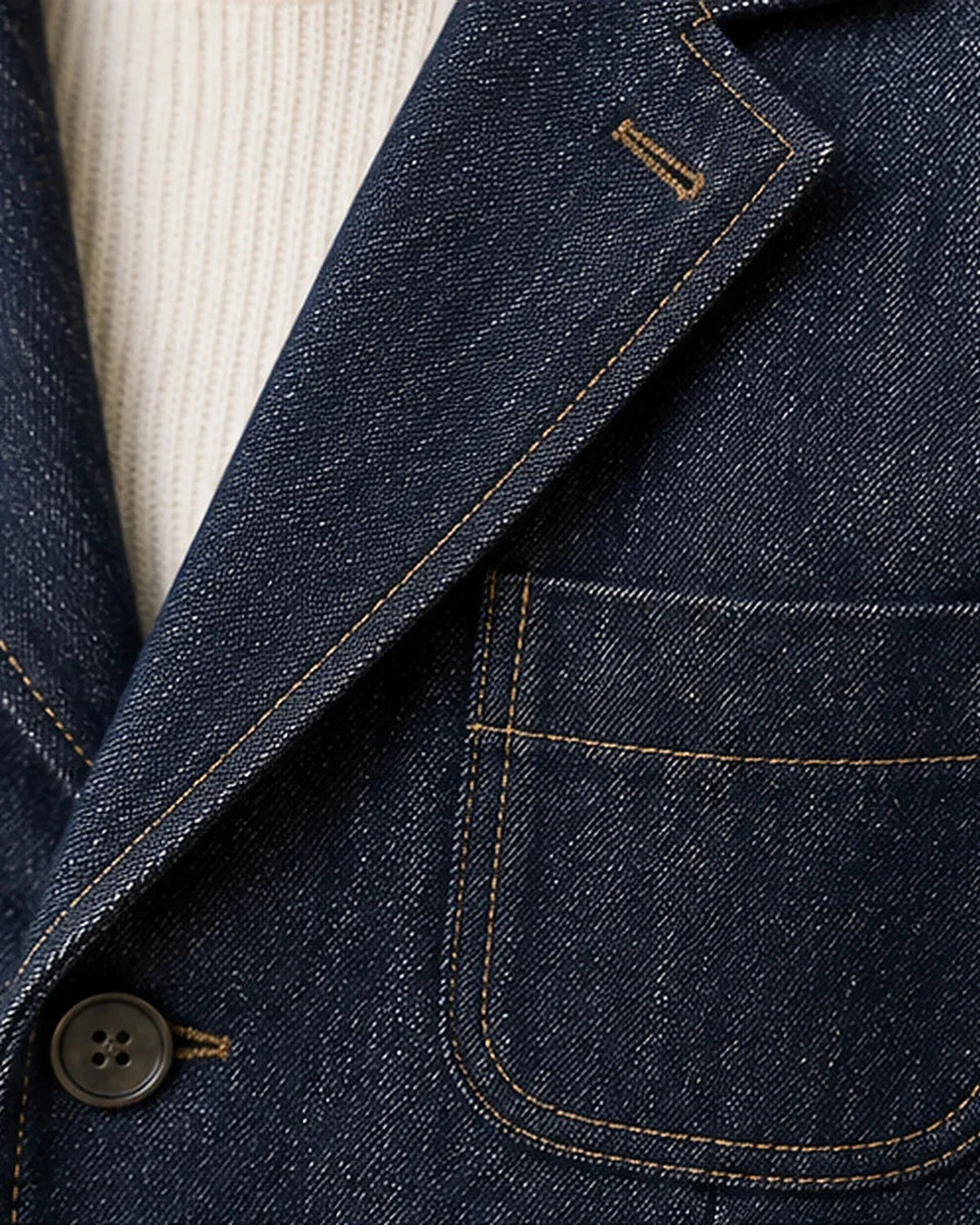 DFCOLOR::Indigo::Indigo Denim-Look Chore Blazer fabric and tailoring detail