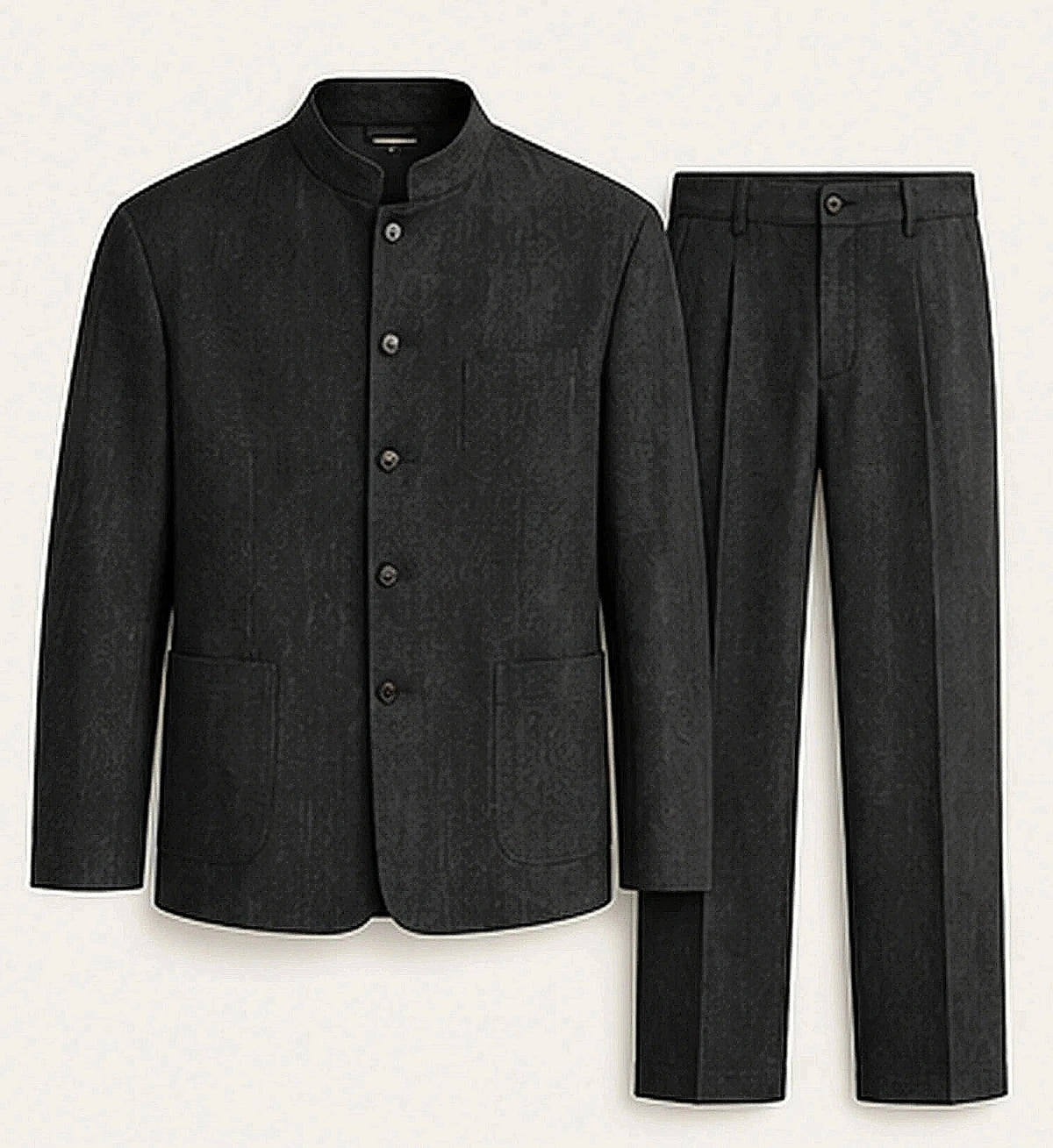 DFCOLOR::Washed Black::product — Denim-Look Mandarin Collar Suit Set