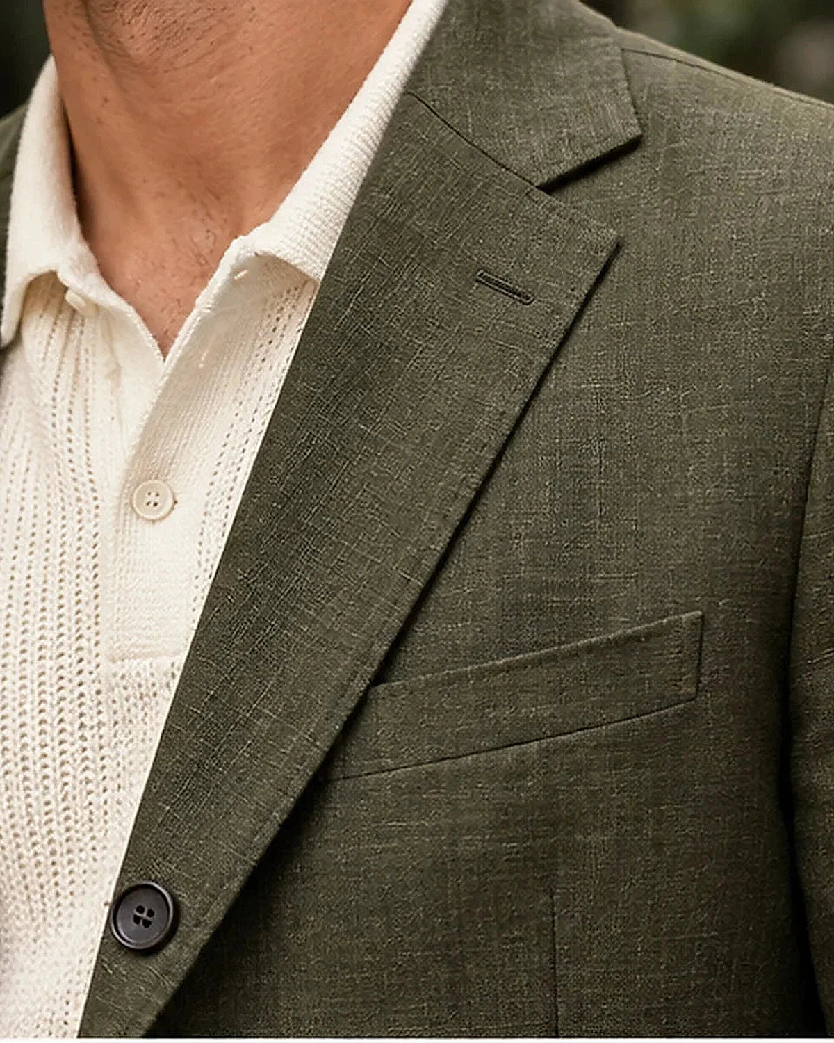 DFCOLOR::Olive::Olive Unstructured Linen-Look Cotton Blazer fabric and tailoring detail