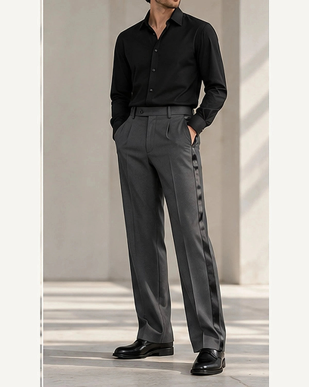 DFCOLOR::Charcoal::onbody — Black Satin Side-Stripe Tailored Trousers