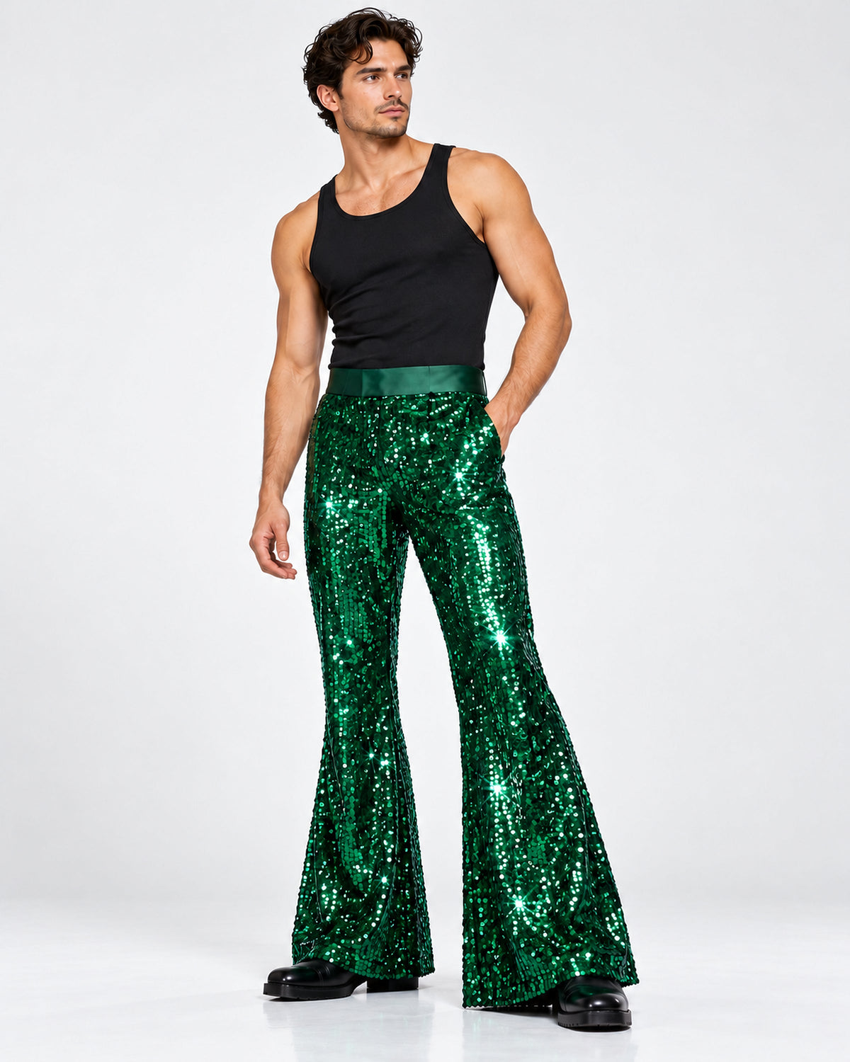 DARE U editorial cover for After-Dark Tailoring — emerald sequin flare trouser styling