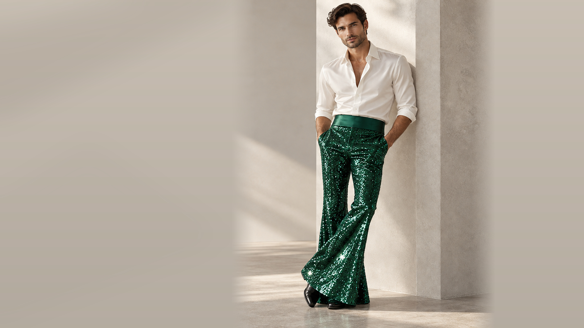 DAREFORMS Sequin Flare Pants — one male model, soft daylight, neutral editorial collection banner. No embedded pricing.