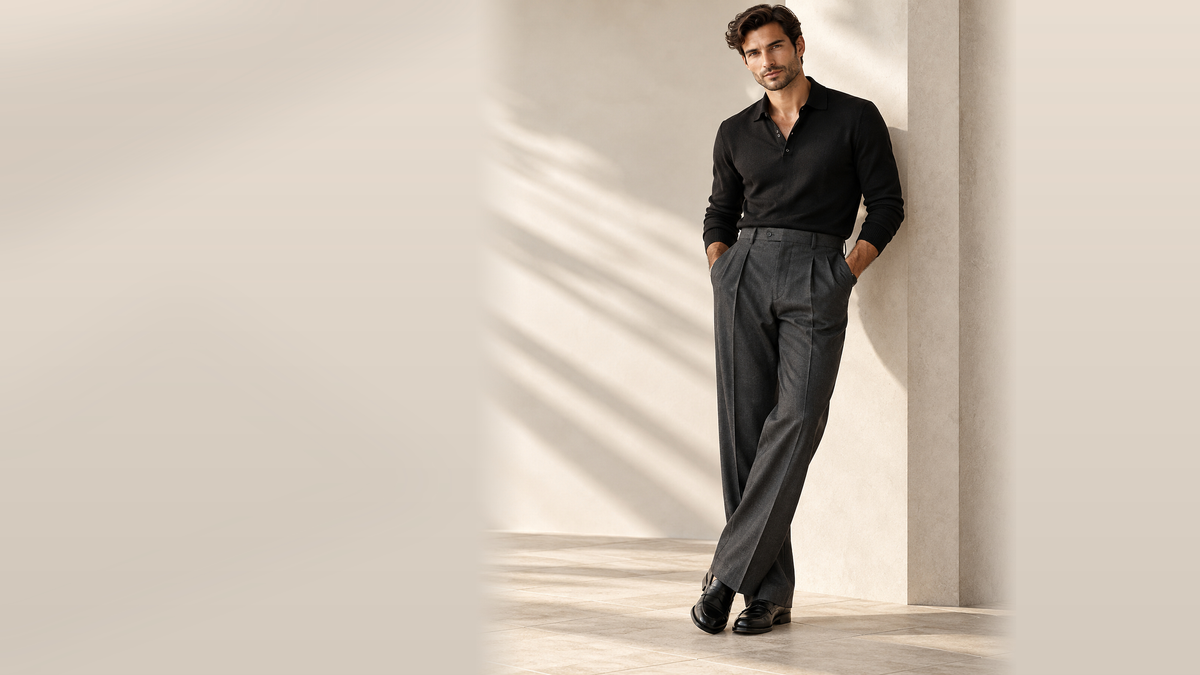 DAREFORMS Tailored Trousers — one male model, soft daylight, neutral editorial collection banner. No embedded pricing.