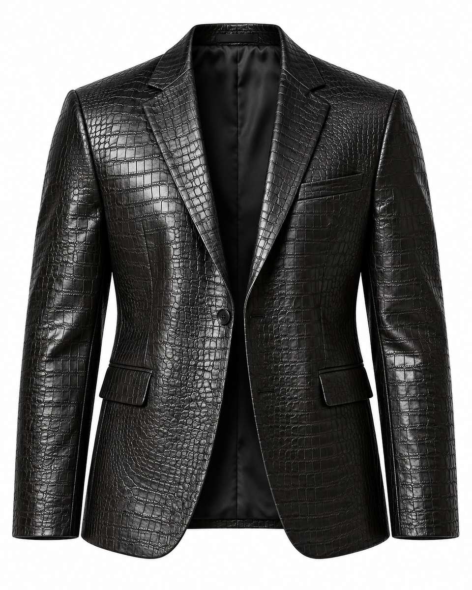 DFCOLOR::Black::product-front — Crocodile-Embossed PU Blazer — black embossed PU, single-breasted one-button front