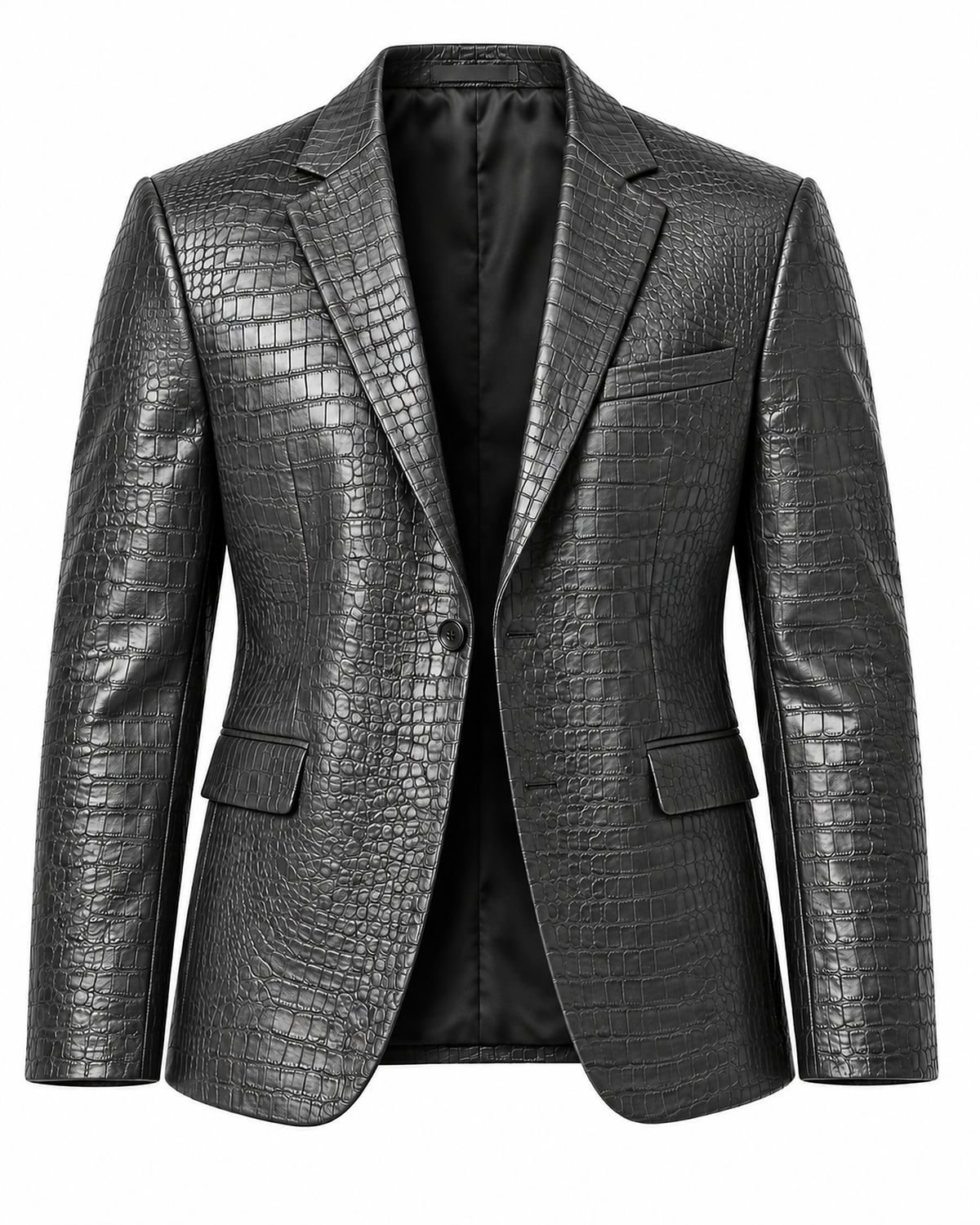 DFCOLOR::Charcoal::product-front — Crocodile-Embossed PU Blazer — Charcoal embossed PU, one-button single-breasted front