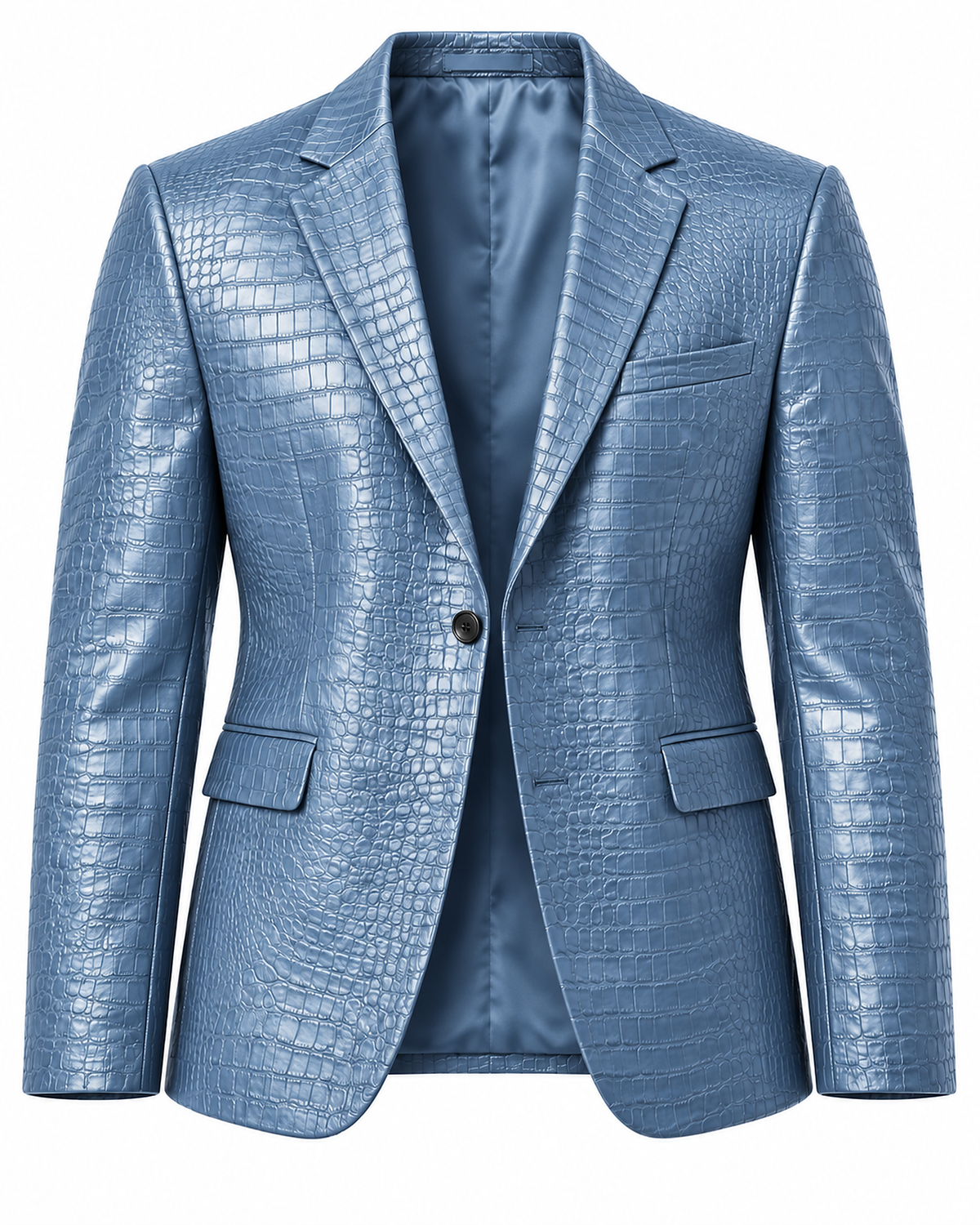 DFCOLOR::Sky Blue::product-front — Crocodile-Embossed PU Blazer — Sky Blue embossed PU, one-button single-breasted front
