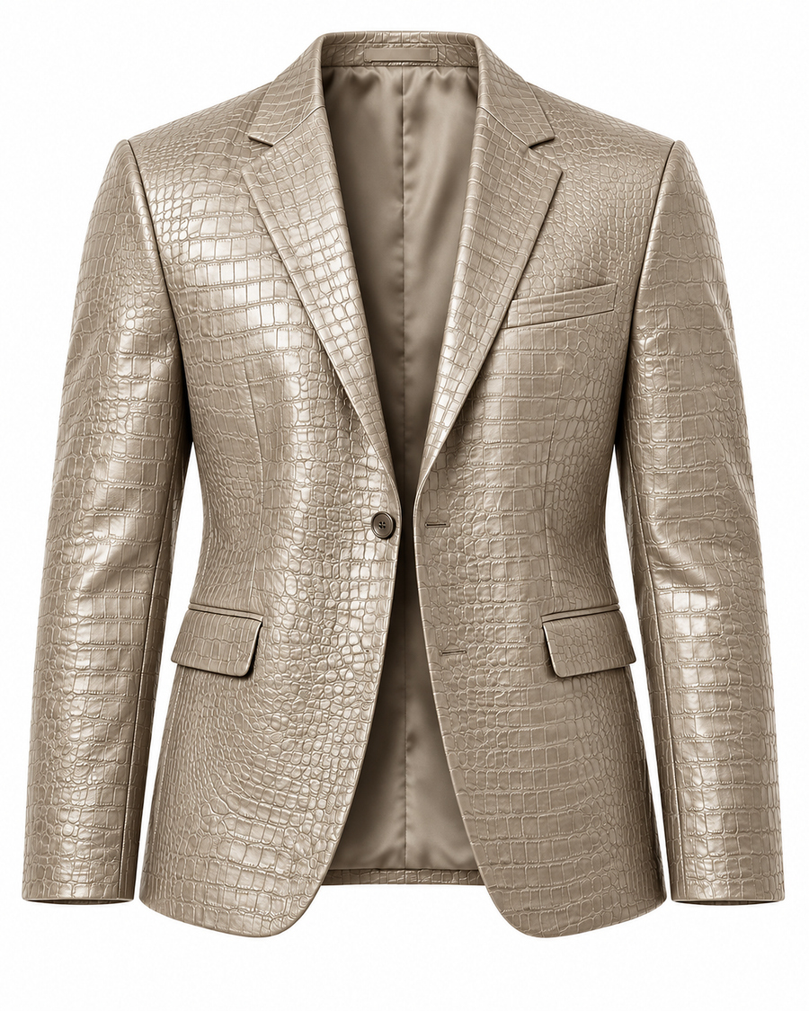DFCOLOR::Stone::product-front — Crocodile-Embossed PU Blazer — Stone embossed PU, one-button single-breasted front
