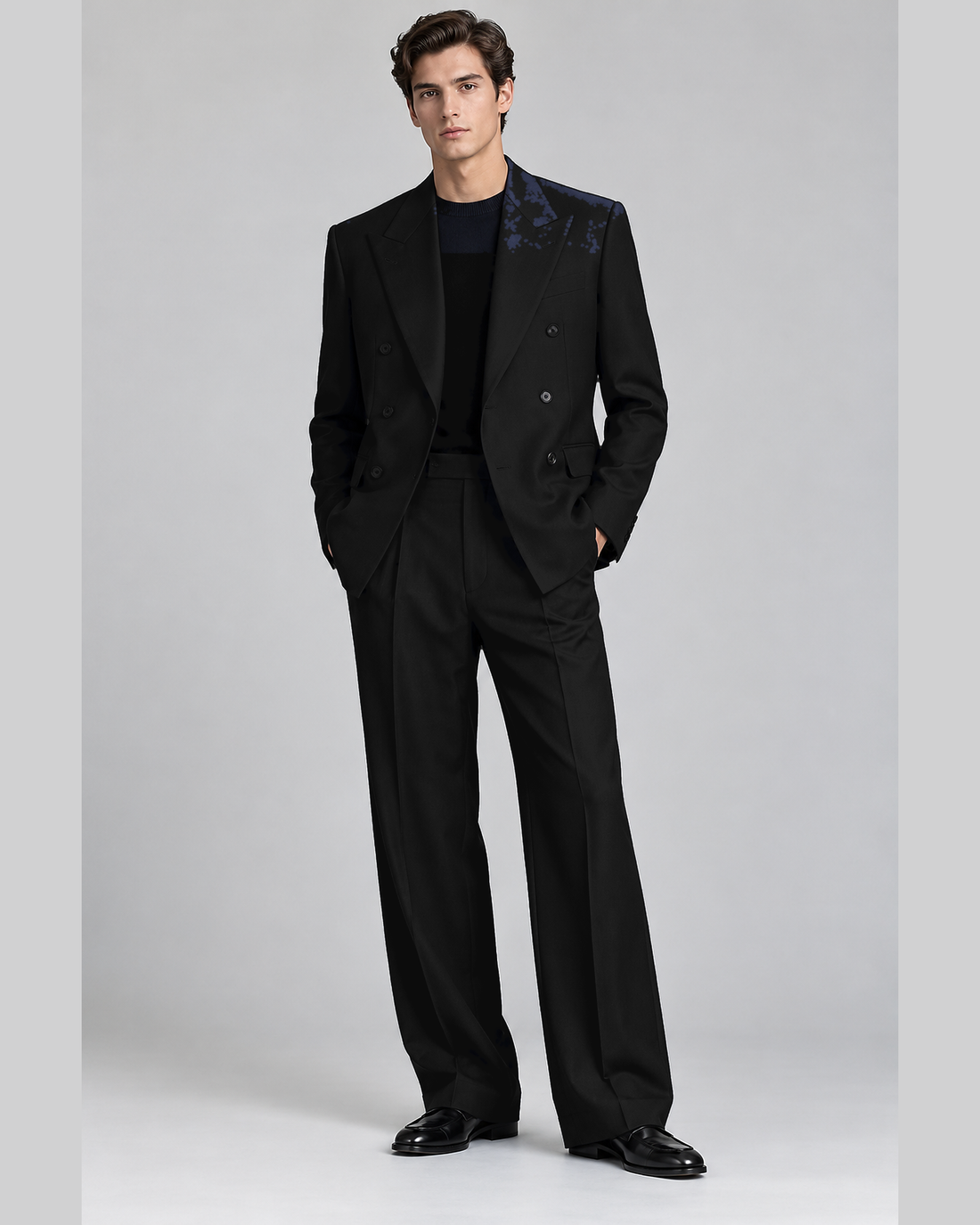DFCOLOR::Black::onbody — Espresso Relaxed Double-Breasted Two-Piece Suit — peak lapel, two-column three-row six-button double-breasted jacket and wide-leg trousers