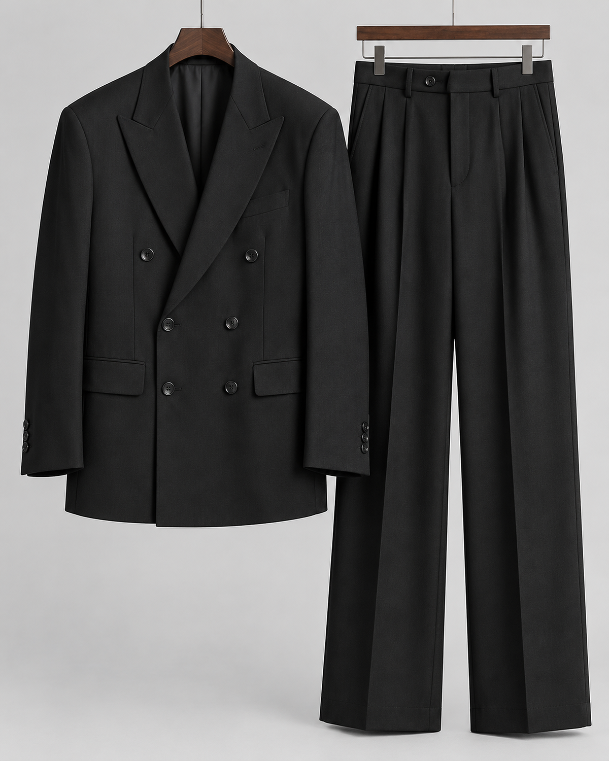 DFCOLOR::Black::product — Espresso Relaxed Double-Breasted Two-Piece Suit — peak lapel, six-button double-breasted jacket and wide-leg trousers