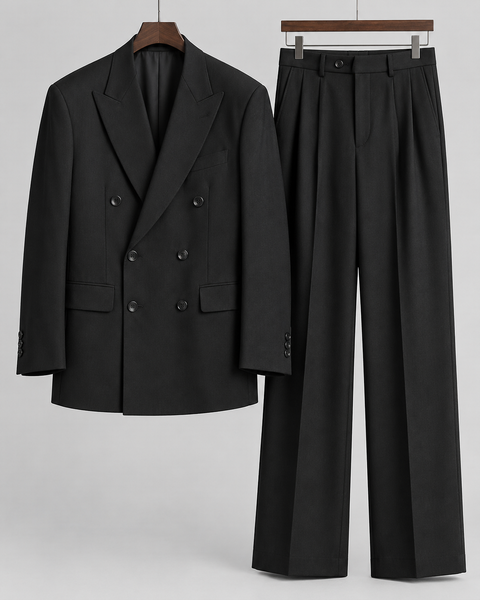 DFCOLOR::Black::product — Espresso Relaxed Double-Breasted Two-Piece Suit — peak lapel, six-button double-breasted jacket and wide-leg trousers
