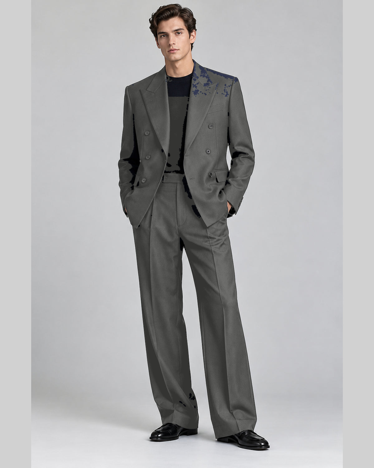 DFCOLOR::Charcoal::onbody — Espresso Relaxed Double-Breasted Two-Piece Suit — peak lapel, two-column three-row six-button double-breasted jacket and wide-leg trousers