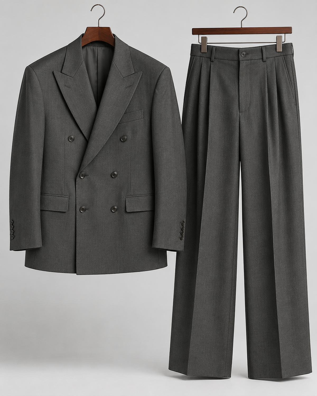 DFCOLOR::Charcoal::product — Espresso Relaxed Double-Breasted Two-Piece Suit — peak lapel, six-button double-breasted jacket and wide-leg trousers
