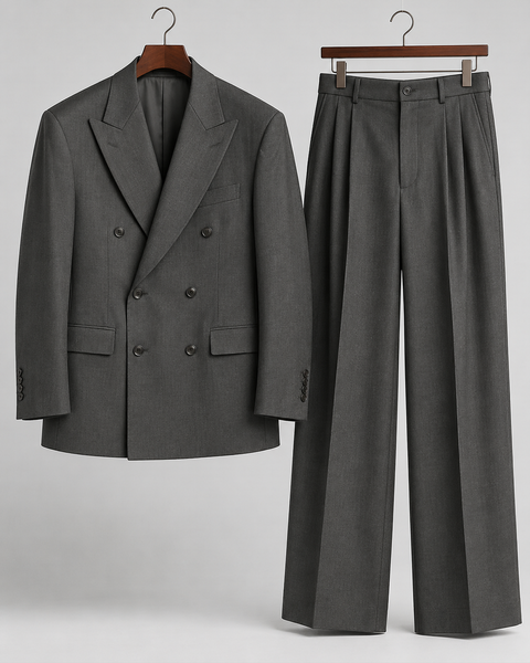 DFCOLOR::Charcoal::product — Espresso Relaxed Double-Breasted Two-Piece Suit — peak lapel, six-button double-breasted jacket and wide-leg trousers