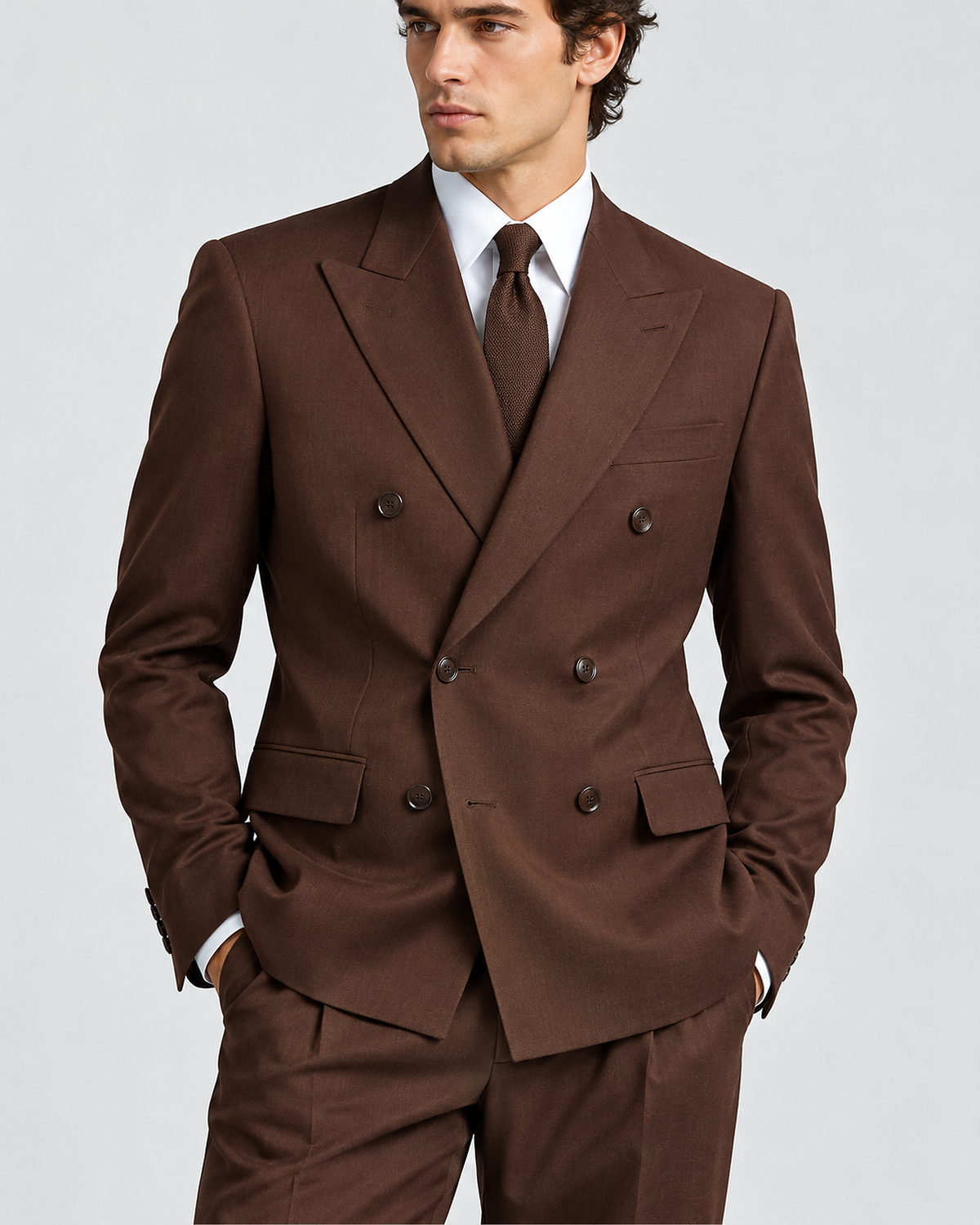 DFCOLOR::Espresso::detail — Espresso Relaxed Double-Breasted Two-Piece Suit — peak lapel and two-column three-row six-button front detail