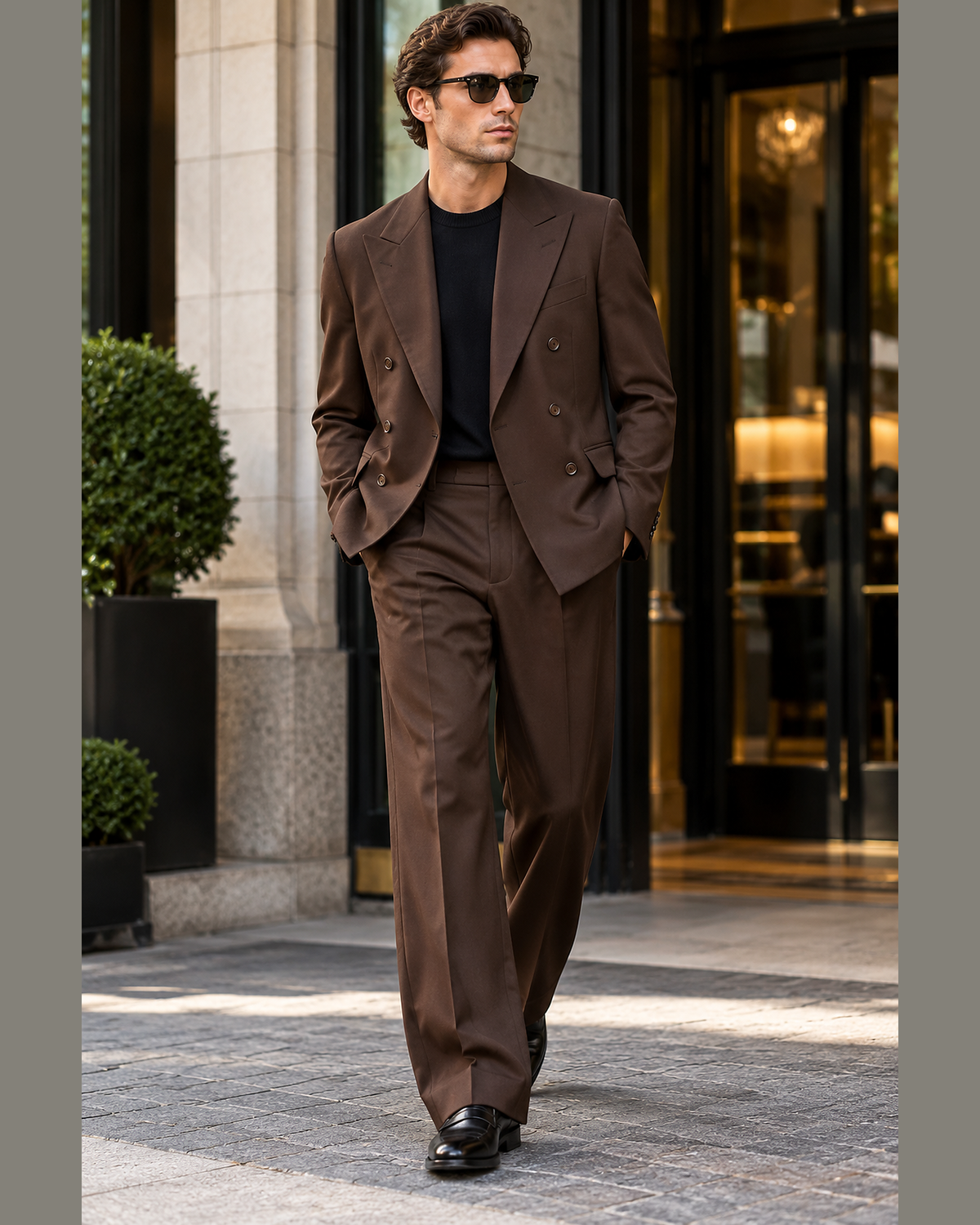 DFCOLOR::Espresso::lifestyle — Espresso Relaxed Double-Breasted Two-Piece Suit — six-button double-breasted city styling