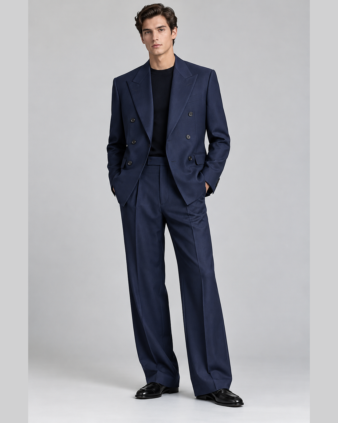 DFCOLOR::Navy::onbody — Espresso Relaxed Double-Breasted Two-Piece Suit — peak lapel, six-button double-breasted full-length studio view