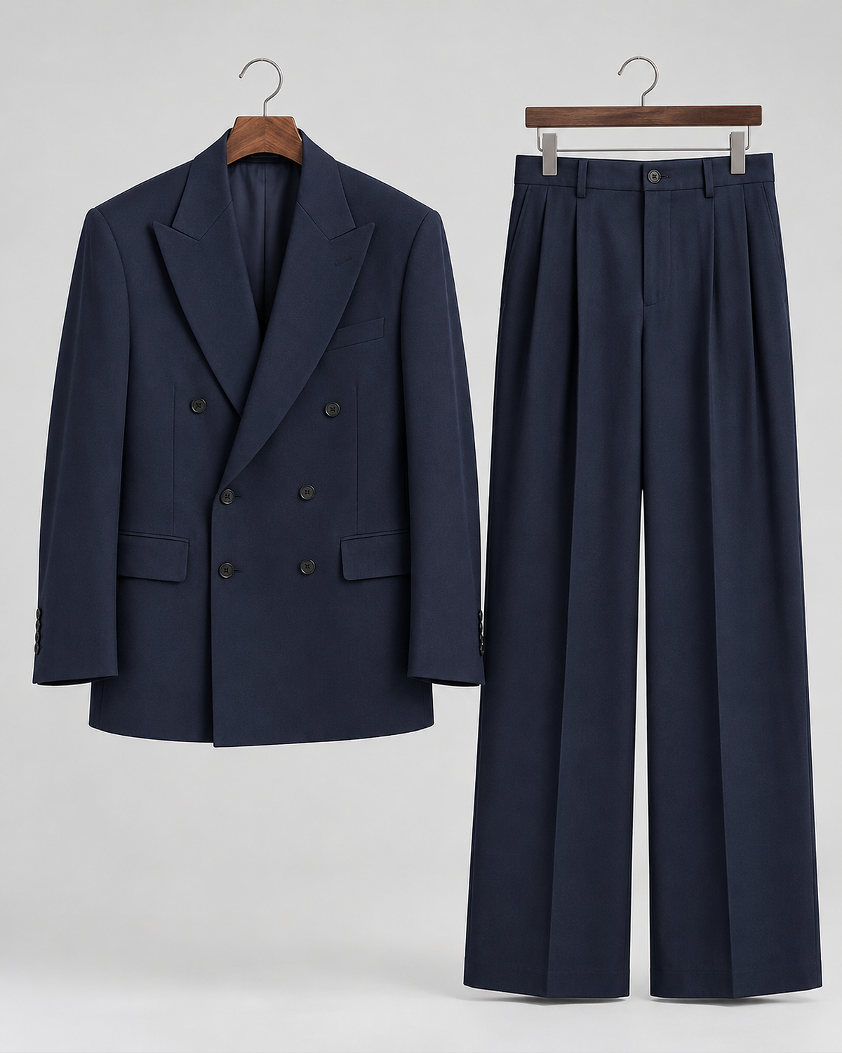 DFCOLOR::Navy::product — Espresso Relaxed Double-Breasted Two-Piece Suit — peak lapel, six-button double-breasted jacket and wide-leg trousers