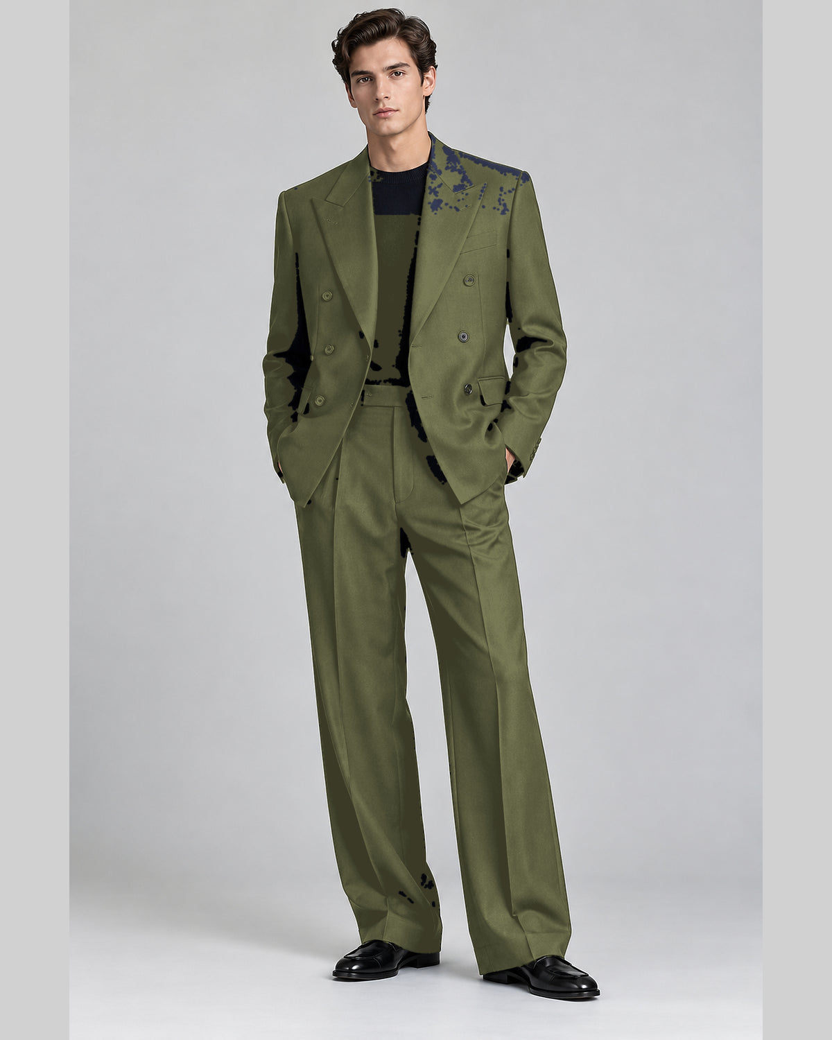 DFCOLOR::Olive::onbody — Espresso Relaxed Double-Breasted Two-Piece Suit — peak lapel, two-column three-row six-button double-breasted jacket and wide-leg trousers
