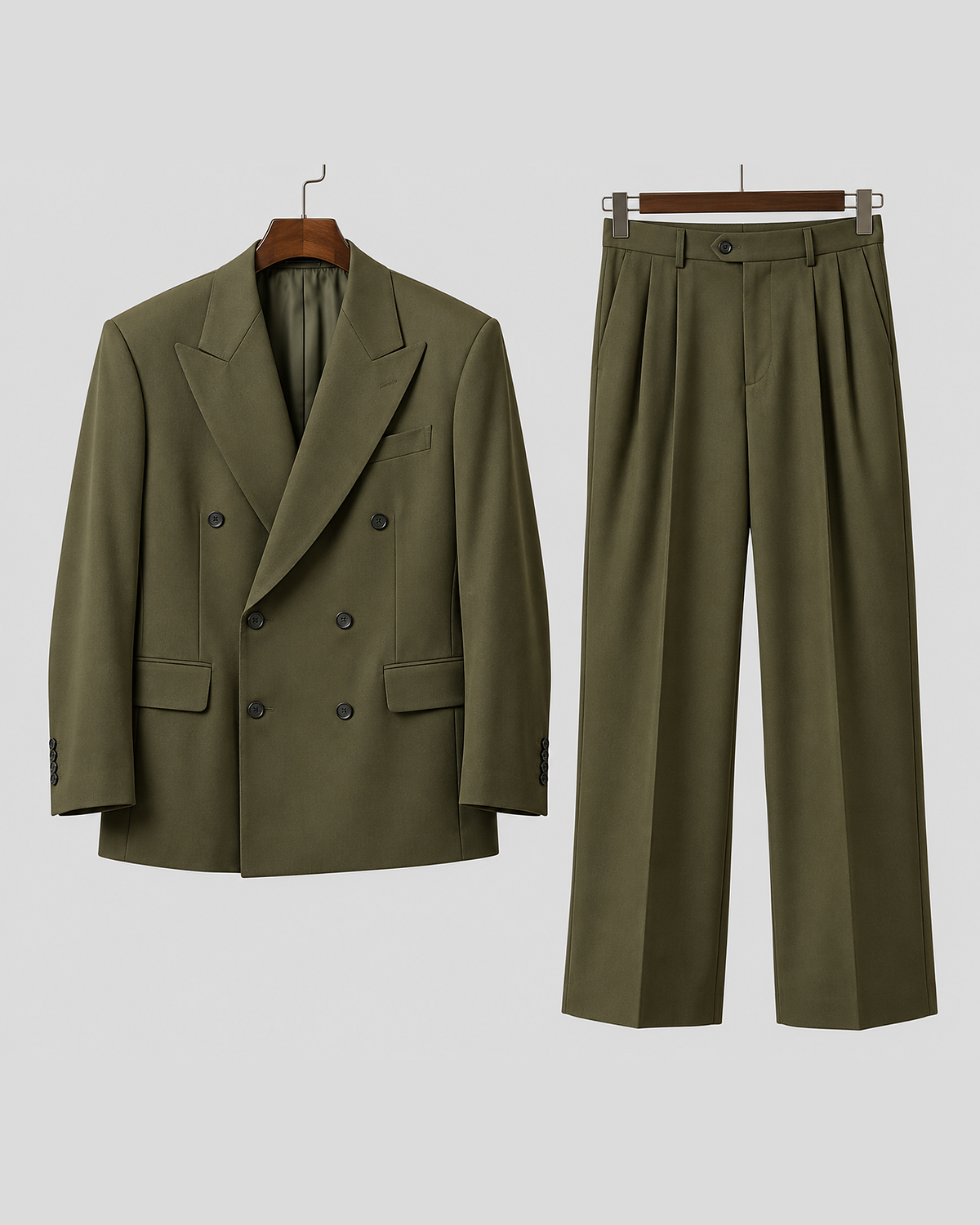 DFCOLOR::Olive::product — Espresso Relaxed Double-Breasted Two-Piece Suit — peak lapel, six-button double-breasted jacket and wide-leg trousers