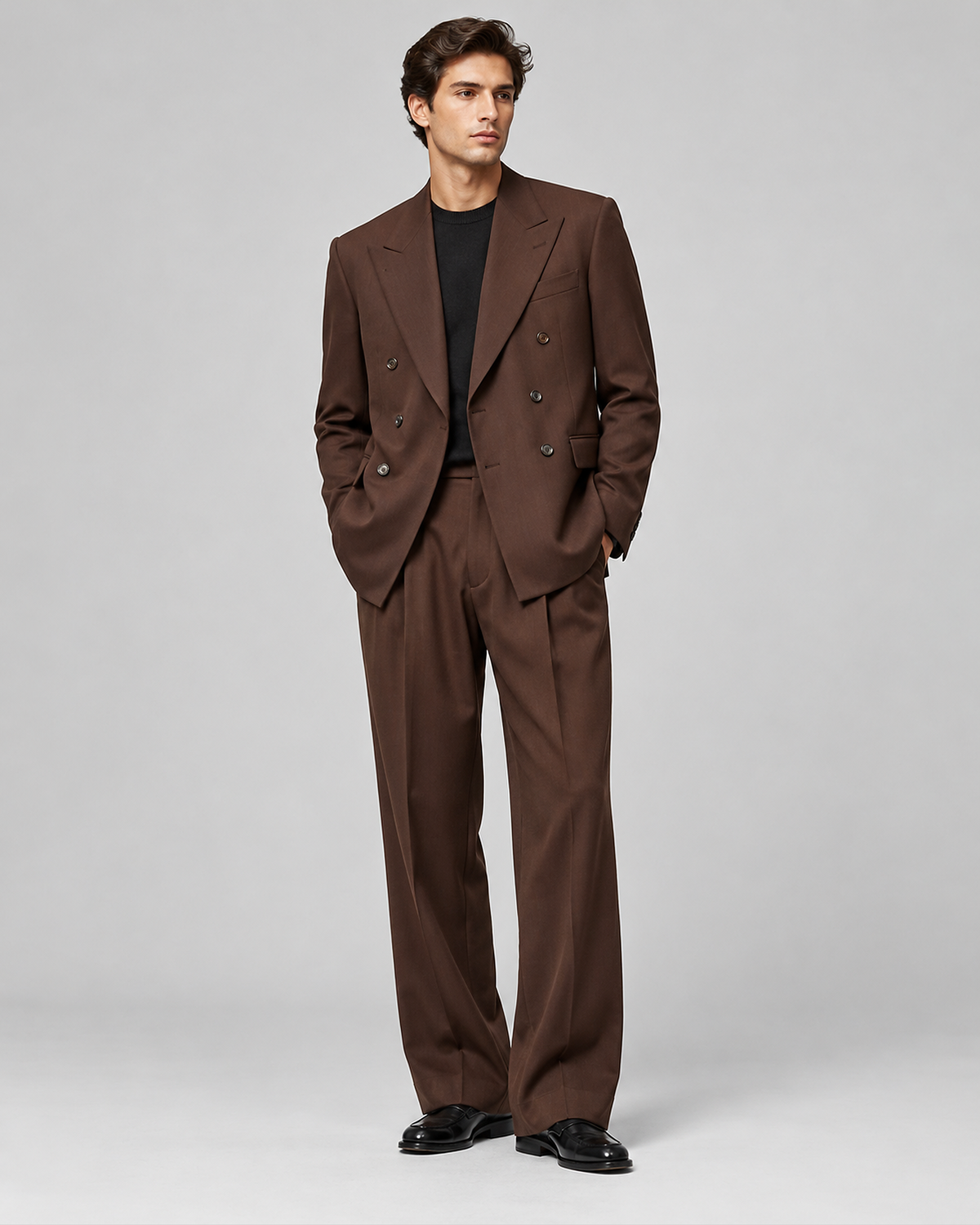 DFCOLOR::Espresso::onbody-front — Espresso Relaxed Double-Breasted Two-Piece Suit — peak lapel, six-button double-breasted jacket and wide-leg trousers