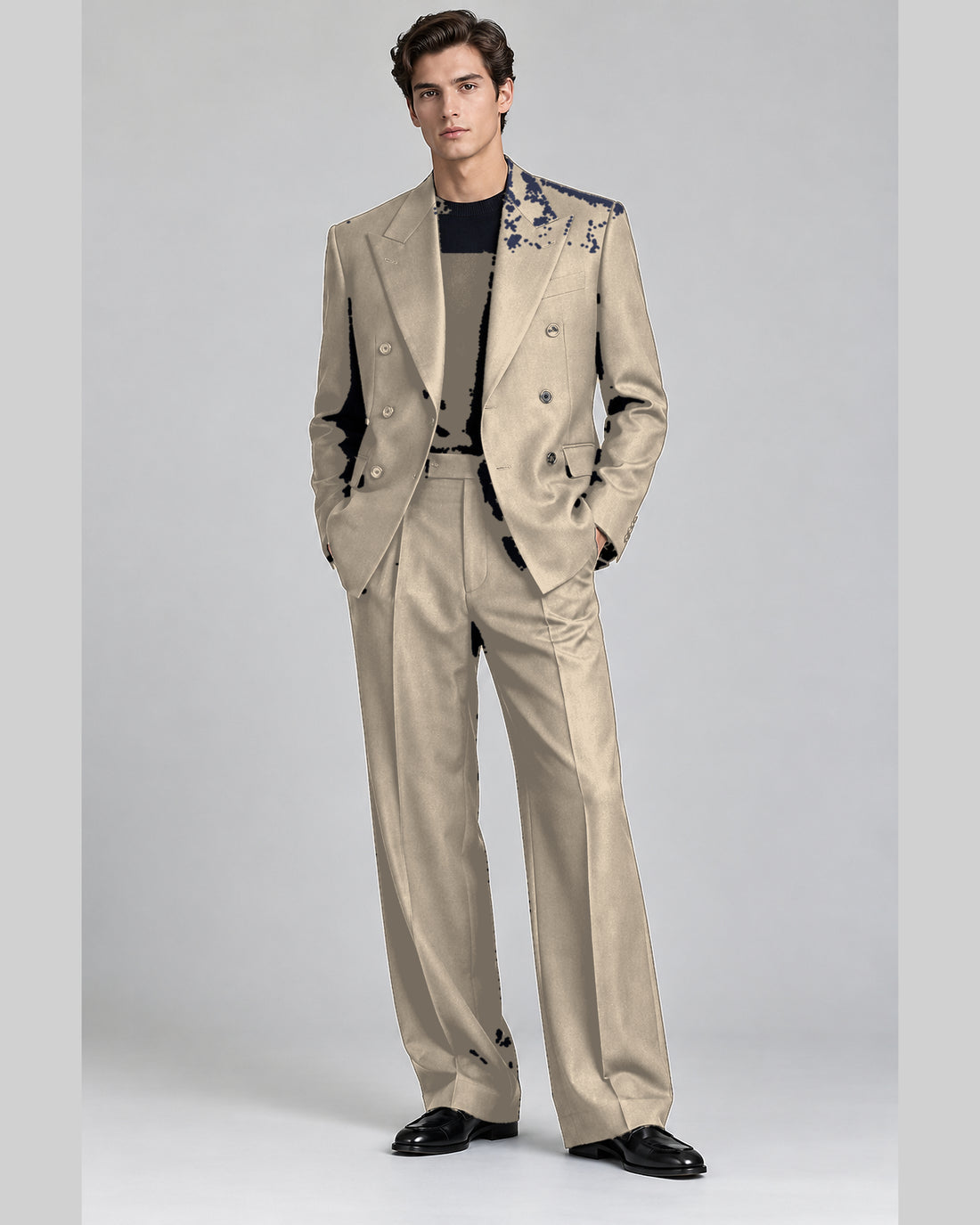DFCOLOR::Taupe::onbody — Espresso Relaxed Double-Breasted Two-Piece Suit — peak lapel, two-column three-row six-button double-breasted jacket and wide-leg trousers