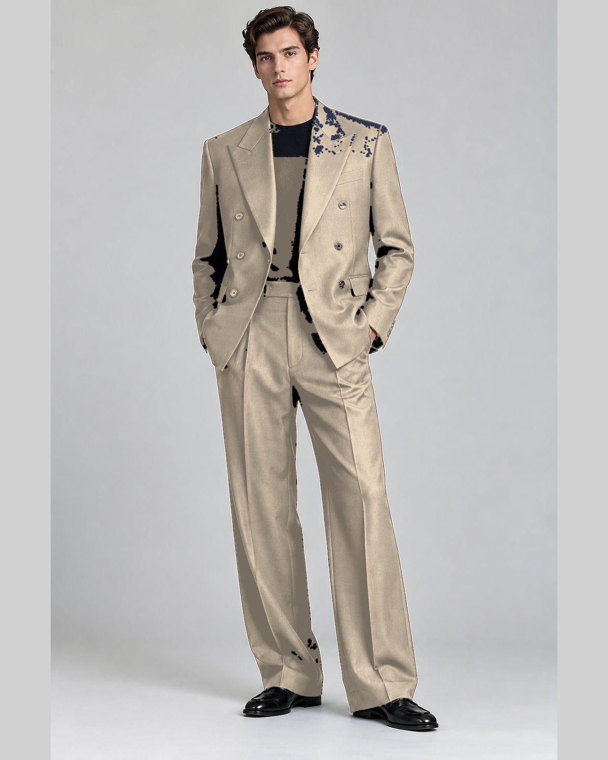DFCOLOR::Taupe::onbody — Espresso Relaxed Double-Breasted Two-Piece Suit — peak lapel, two-column three-row six-button double-breasted jacket and wide-leg trousers