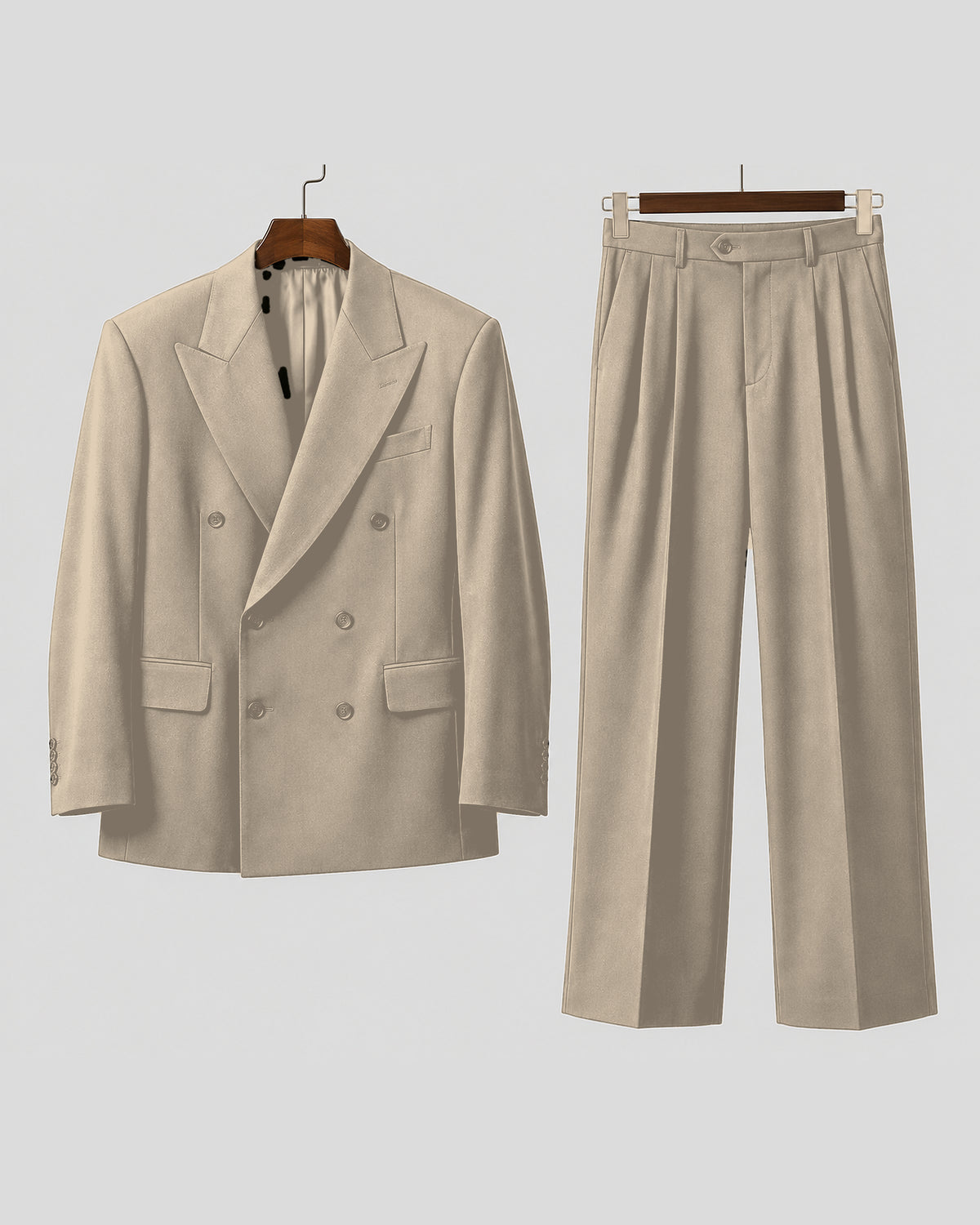 DFCOLOR::Taupe::product — Espresso Relaxed Double-Breasted Two-Piece Suit — peak lapel, two-column three-row six-button double-breasted jacket and wide-leg trousers