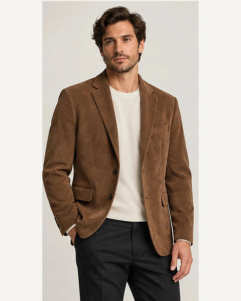 DFCOLOR::Tobacco::onbody — Espresso Faux Suede Relaxed Blazer; 4:5 full-image reframed without crop