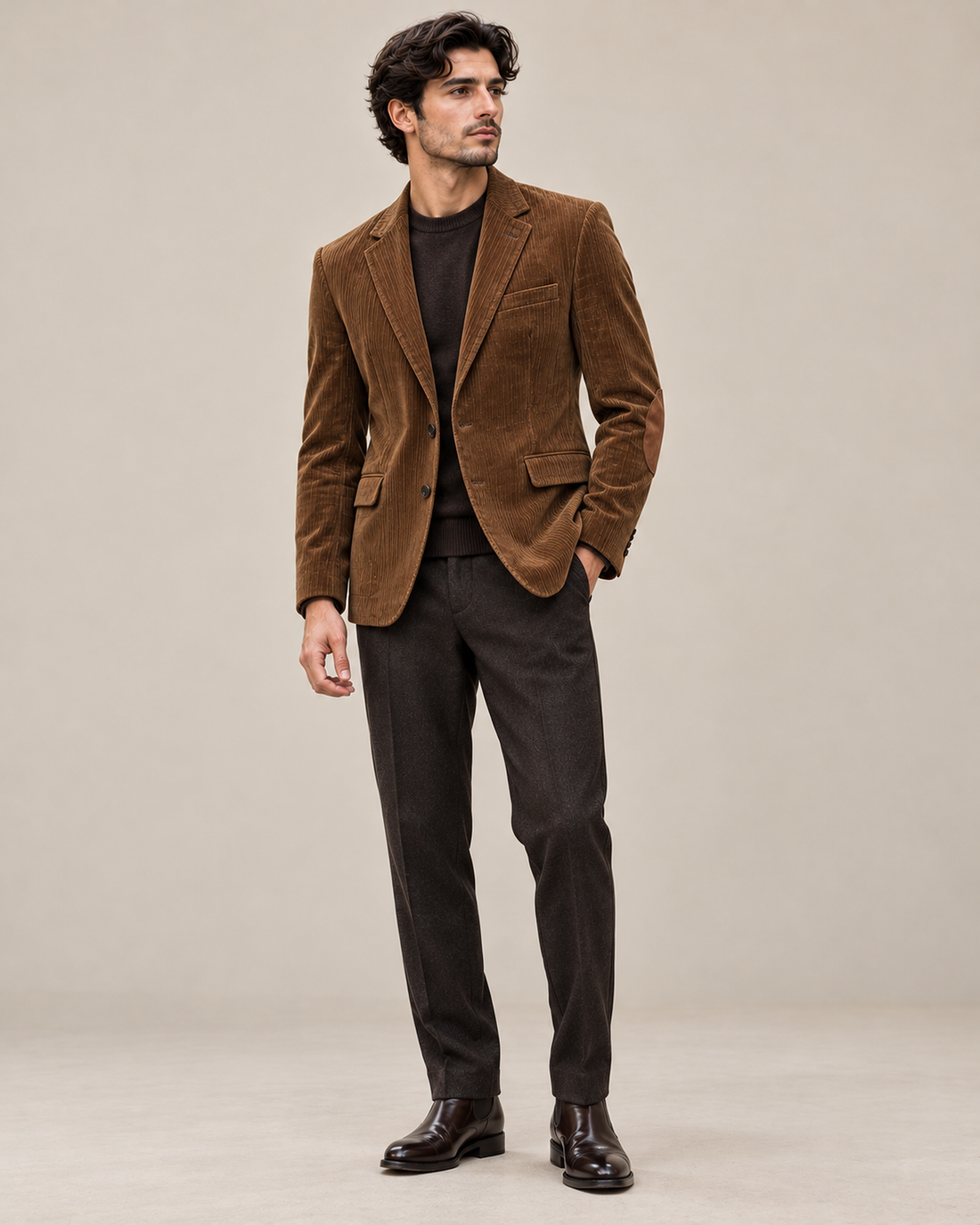 DFCOLOR::Tobacco::onbody — Fine-Wale Corduroy Elbow-Patch Sport Coat; tobacco corduroy, oval brown elbow patches, single-breasted jacket