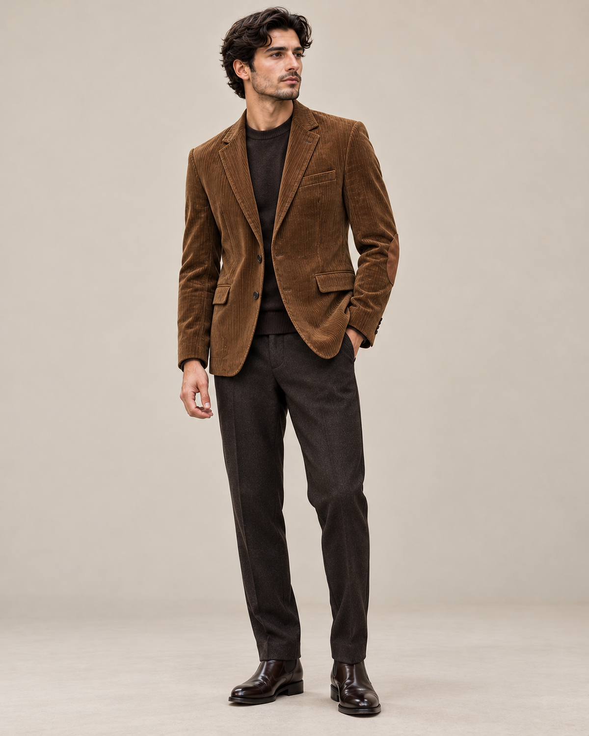 DFCOLOR::Tobacco::onbody — Fine-Wale Corduroy Elbow-Patch Sport Coat; tobacco corduroy, oval brown elbow patches, single-breasted jacket