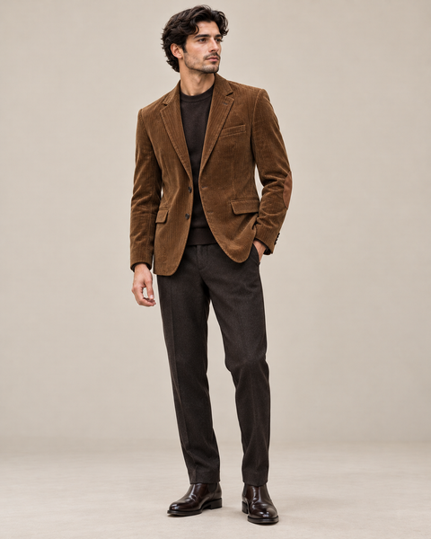 DFCOLOR::Tobacco::onbody — Fine-Wale Corduroy Elbow-Patch Sport Coat; tobacco corduroy, oval brown elbow patches, single-breasted jacket
