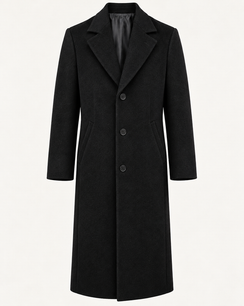 DFCOLOR::Black::product-front — Long Tailored Overcoat, studio front product image, Long-Feng textured coating palette