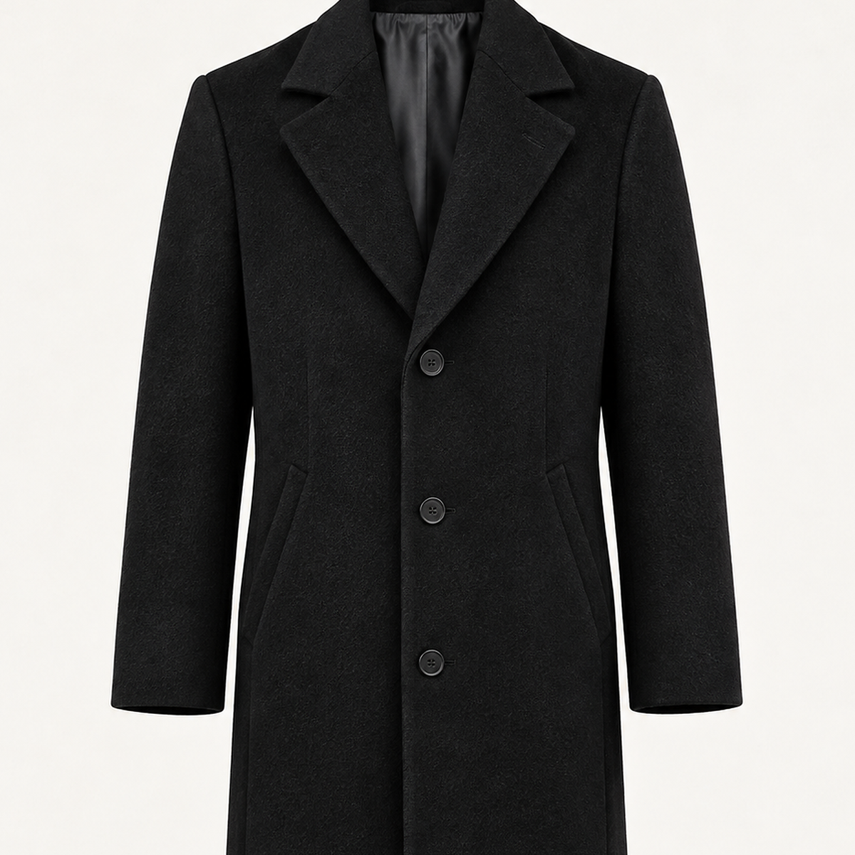 DFCOLOR::Black::detail-lapel-buttons — Long Tailored Overcoat, Black upper front showing lapel, three buttons and coating surface
