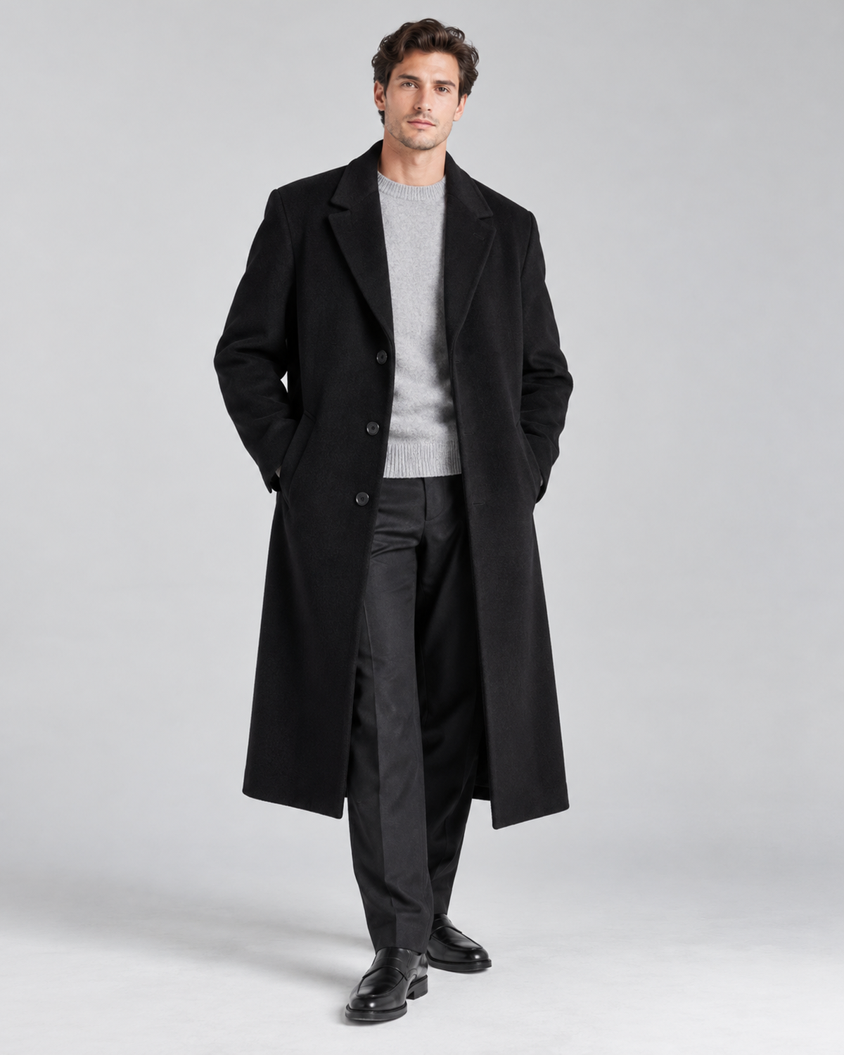 DFCOLOR::Black::onbody-studio — Long Tailored Overcoat, full-length model wear photo, Black