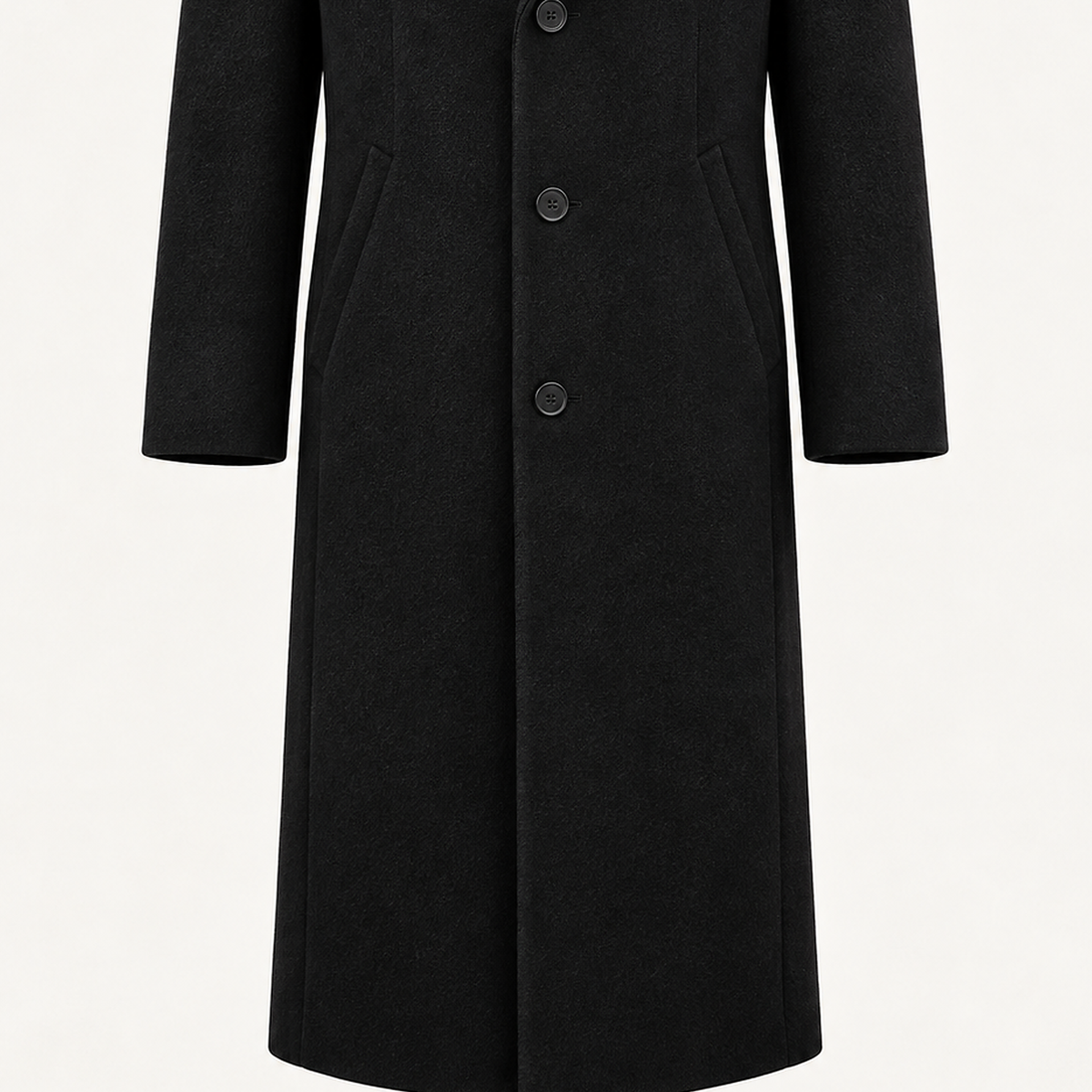 DFCOLOR::Black::detail-pocket-hem — Long Tailored Overcoat, Black front pockets and hem silhouette