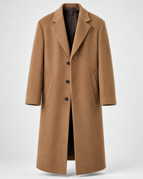 DFCOLOR::Camel::product-front — Long Tailored Overcoat, Camel front studio photograph, 2400x3000