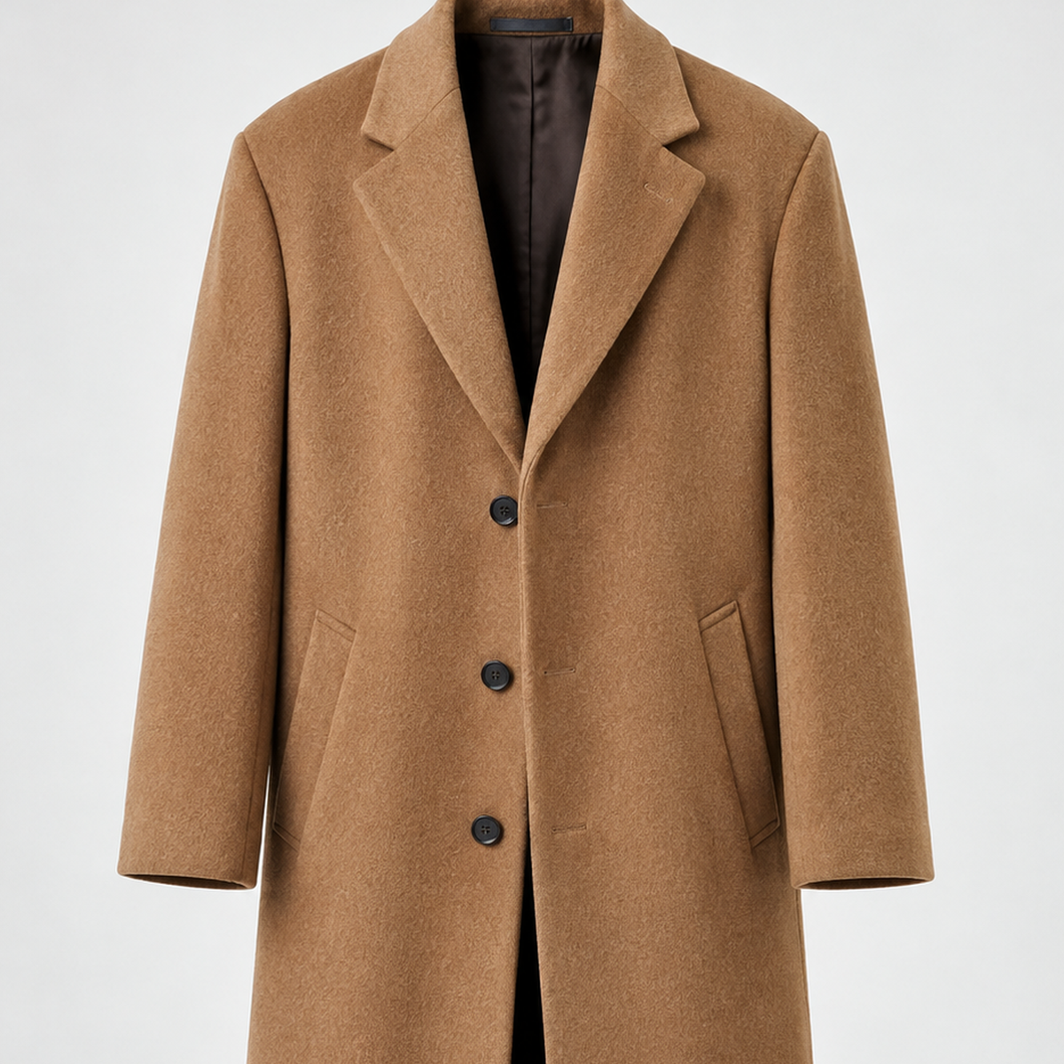 DFCOLOR::Camel::detail-lapel-buttons — Long Tailored Overcoat, Camel upper front showing lapel, three buttons and coating surface