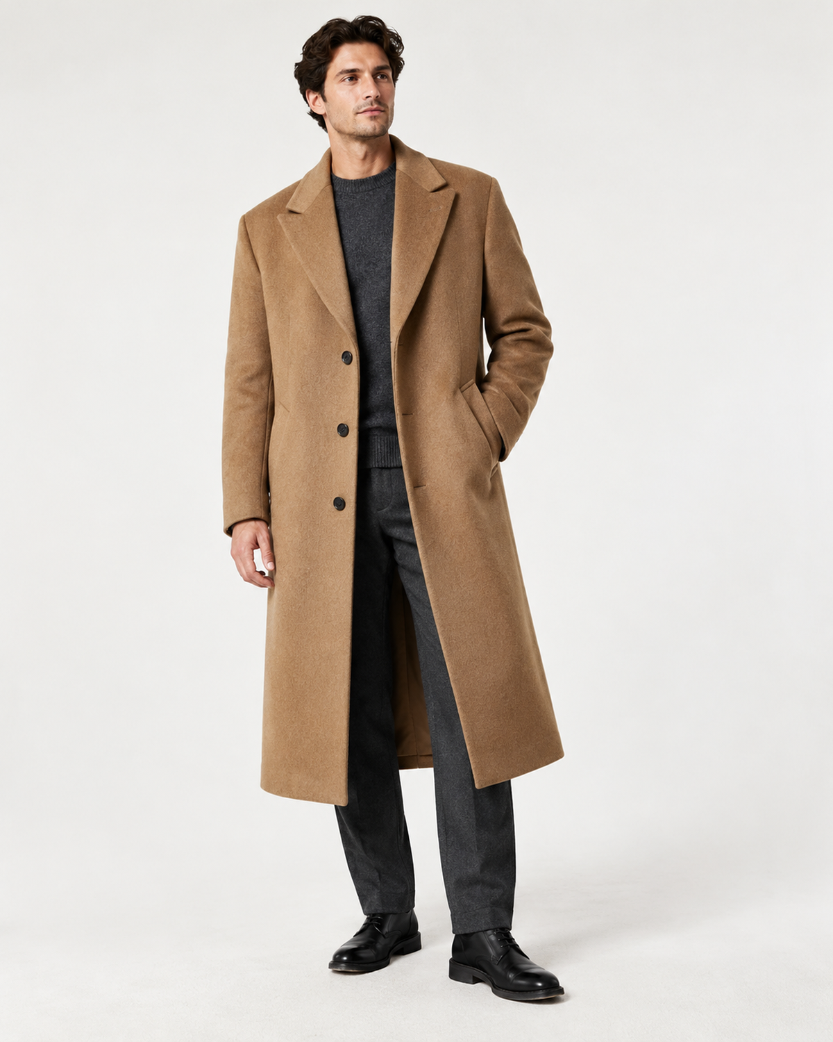 DFCOLOR::Camel::onbody-studio — Long Tailored Overcoat, full-length model wear photo, Camel