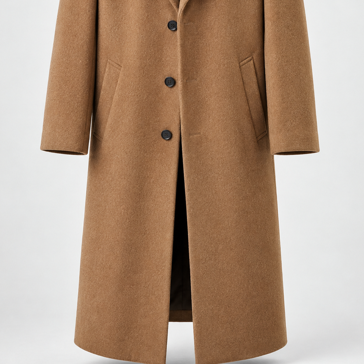 DFCOLOR::Camel::detail-pocket-hem — Long Tailored Overcoat, Camel front pockets and hem silhouette
