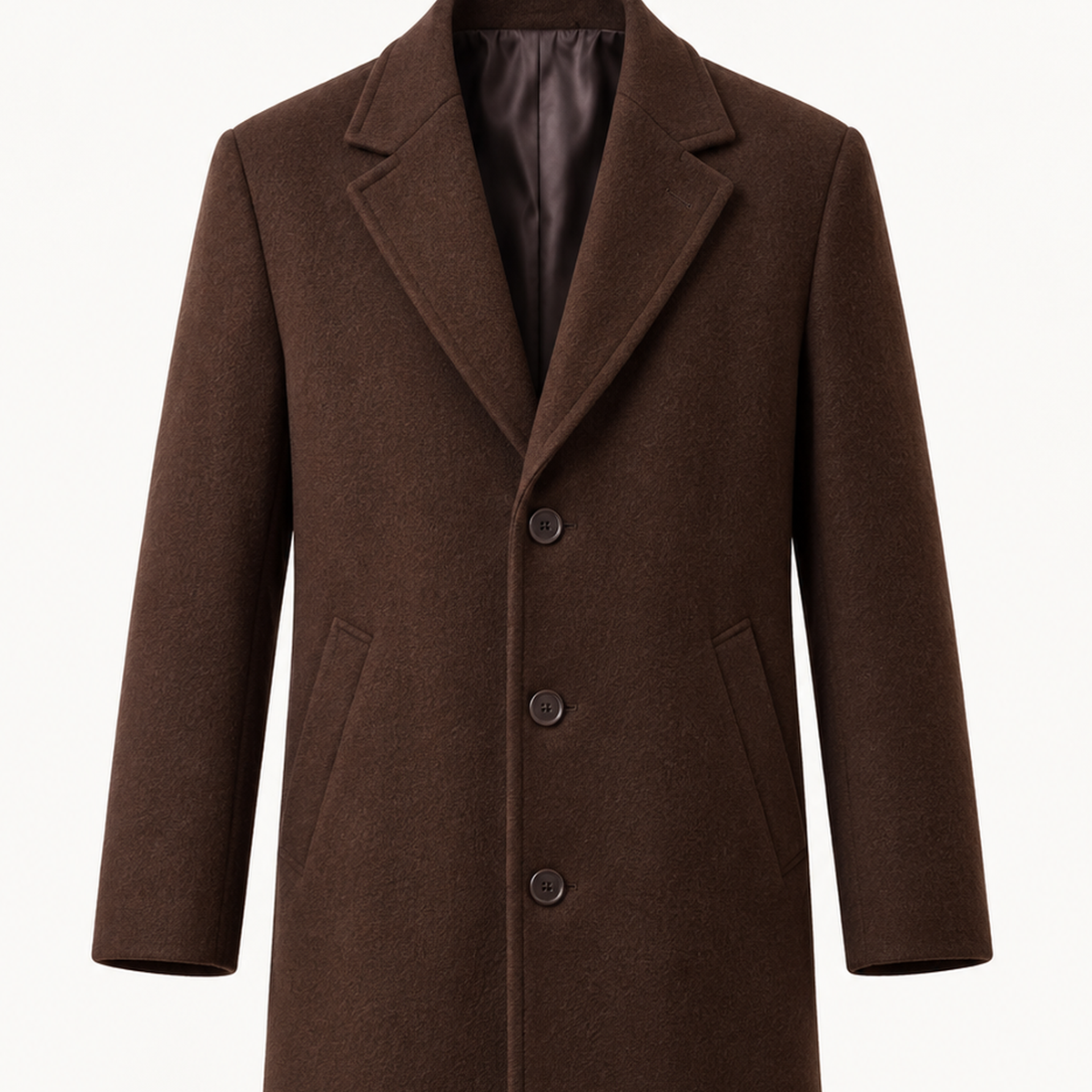 DFCOLOR::Dark Brown::detail-lapel-buttons — Long Tailored Overcoat, Dark Brown upper front showing lapel, three buttons and coating surface
