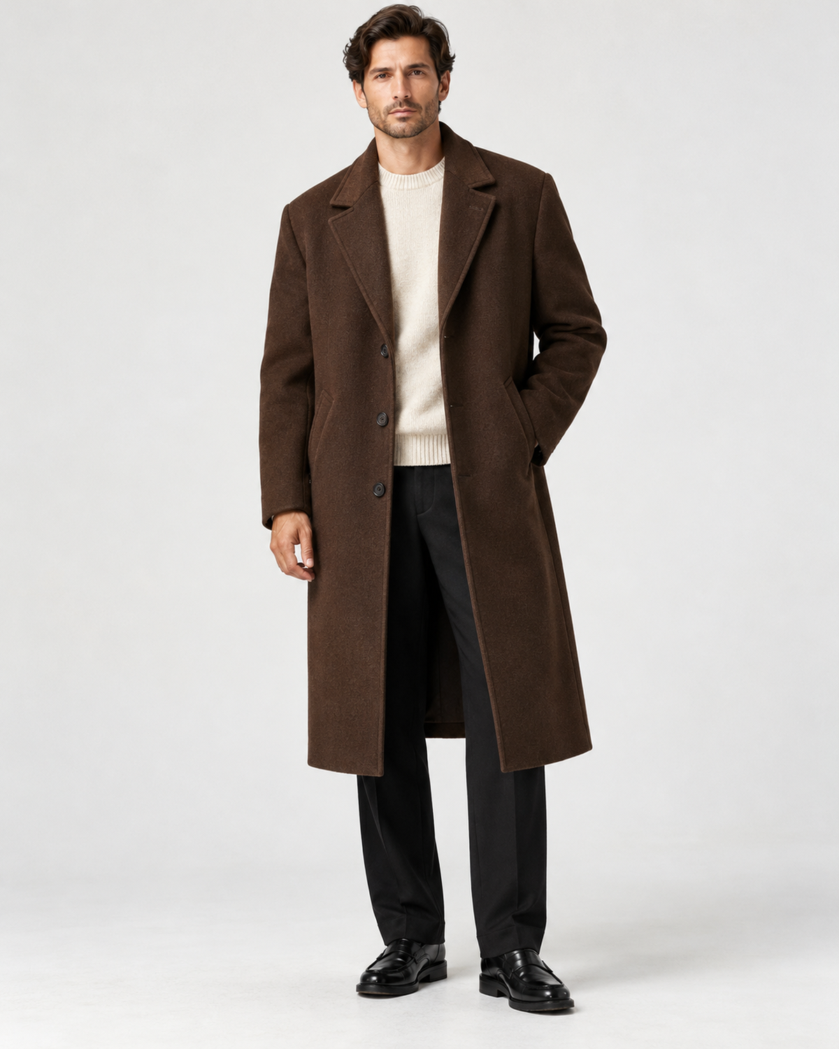 DFCOLOR::Dark Brown::onbody-studio — Long Tailored Overcoat, full-length model wear photo, Dark Brown