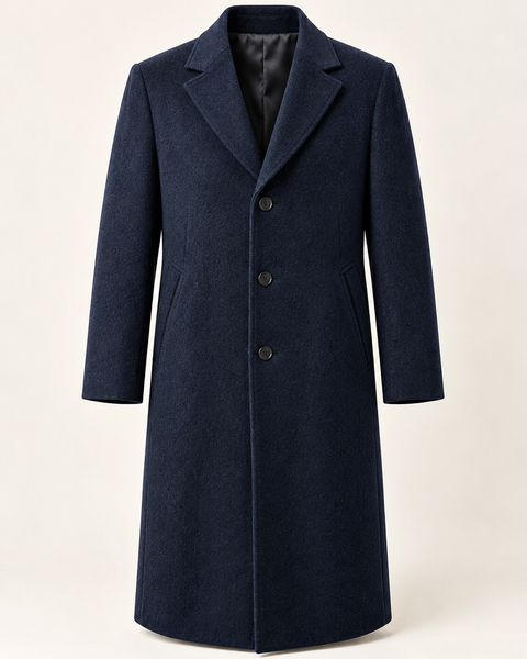 DFCOLOR::Navy::product-front — Long Tailored Overcoat, studio front product image, Long-Feng textured coating palette