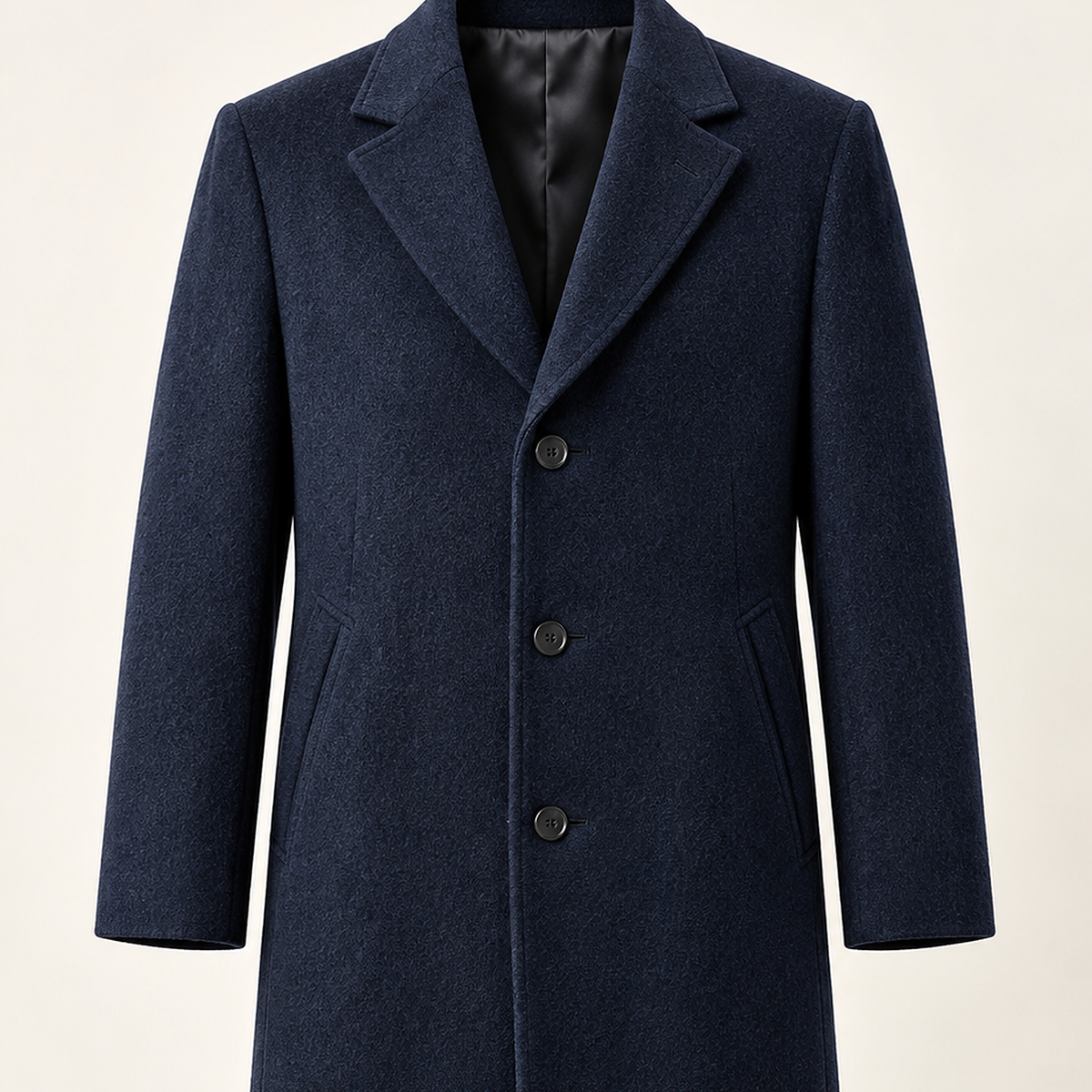 DFCOLOR::Navy::detail-lapel-buttons — Long Tailored Overcoat, Navy upper front showing lapel, three buttons and coating surface